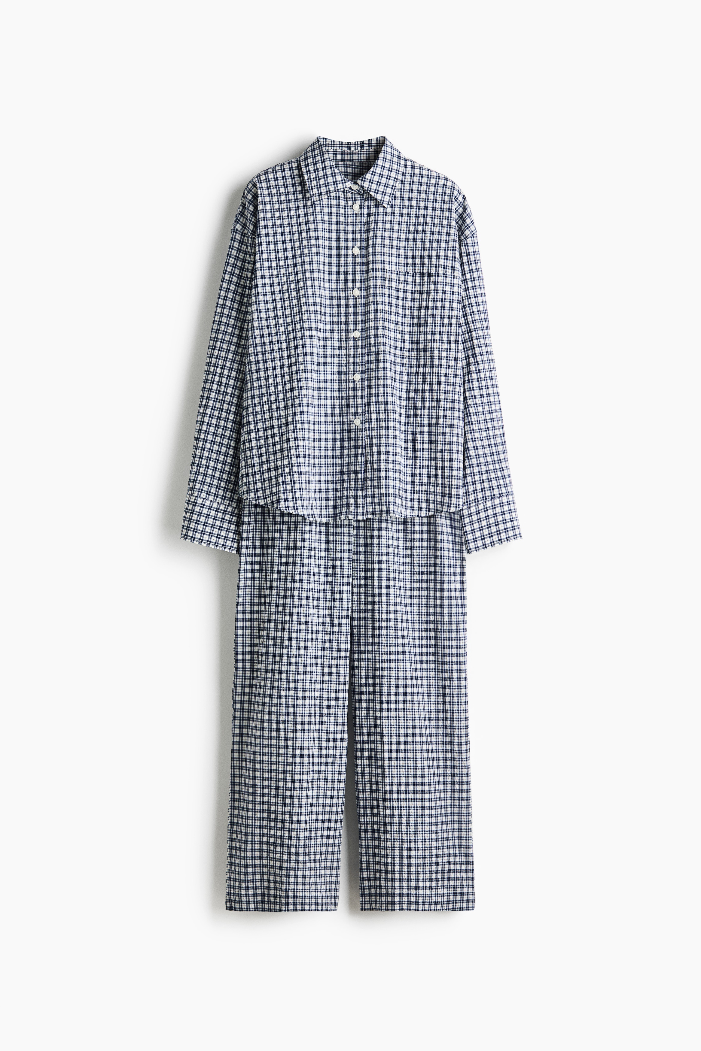 Pijama em tecido anarruga de algodão - Azul escuro/Quadrados/Rosa claro/Quadrados