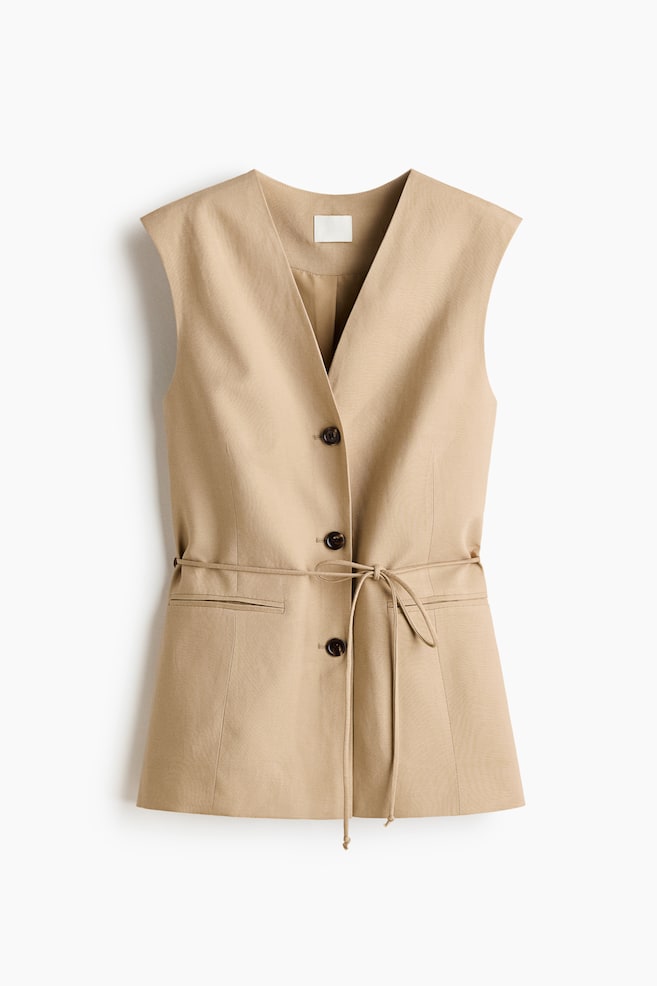 Linen-blend tie-belt waistcoat - Beige - 1