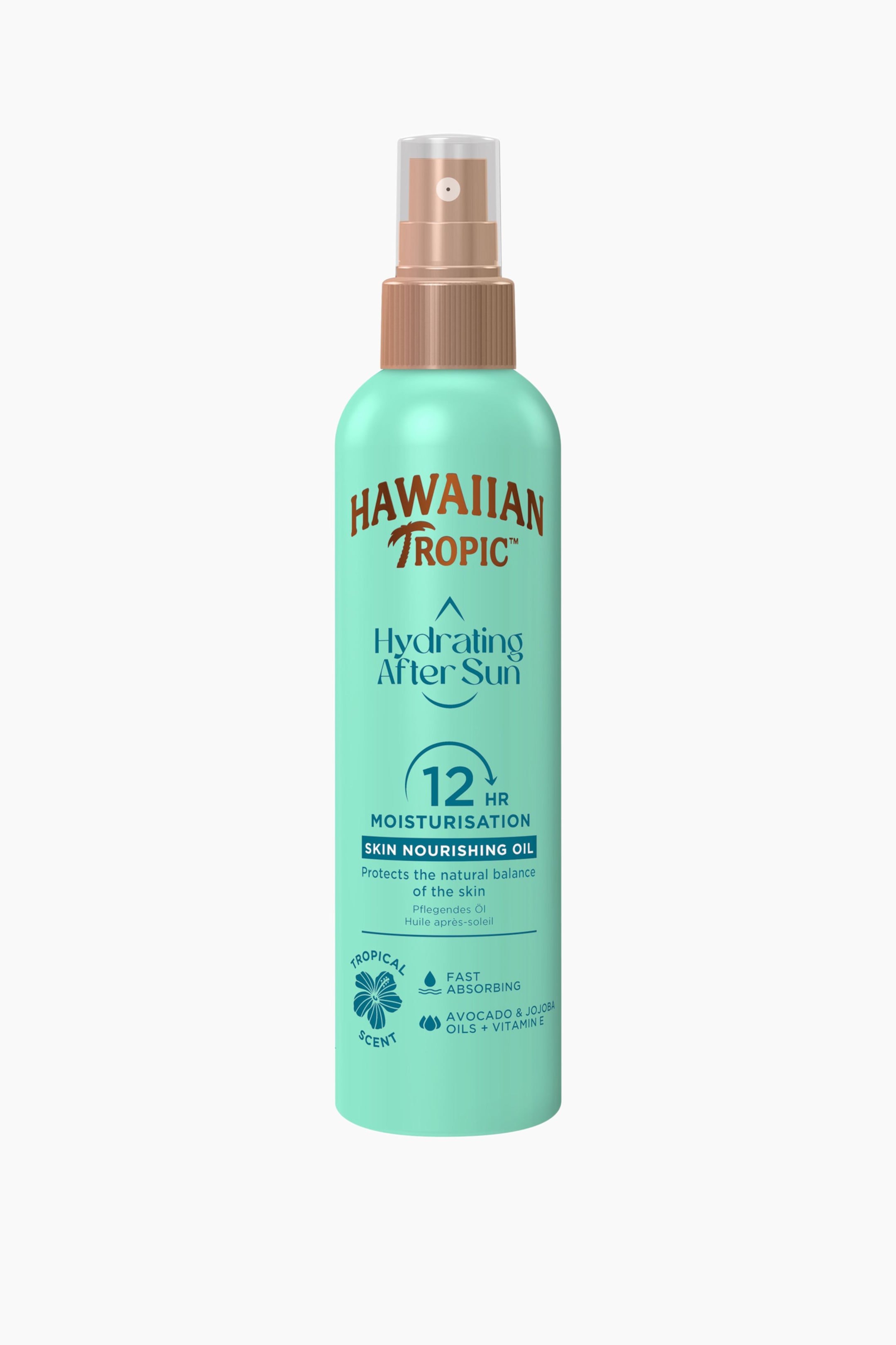 Visa större bild: En Hawaiian Tropic hydrating after sun skin nourishing oil sprayflaska står upprätt och vänd framåt. Den blågrönfärgade flaskan har bruna märkdetaljer och produktinformation i blågrön text, och är försedd med en pump i roséguld under ett genomskinligt plaslock.