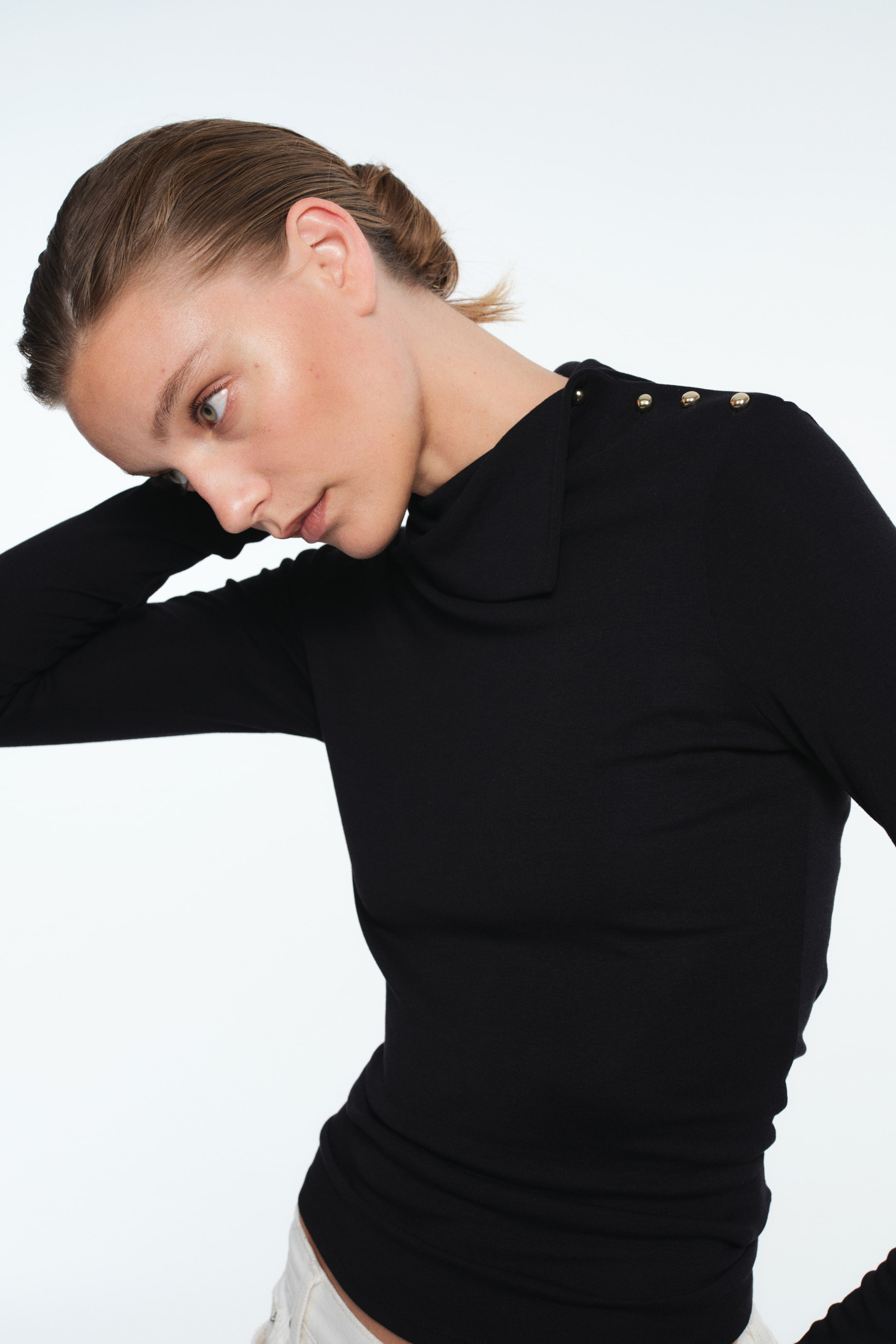 Button-Detail Mock Turtleneck Top