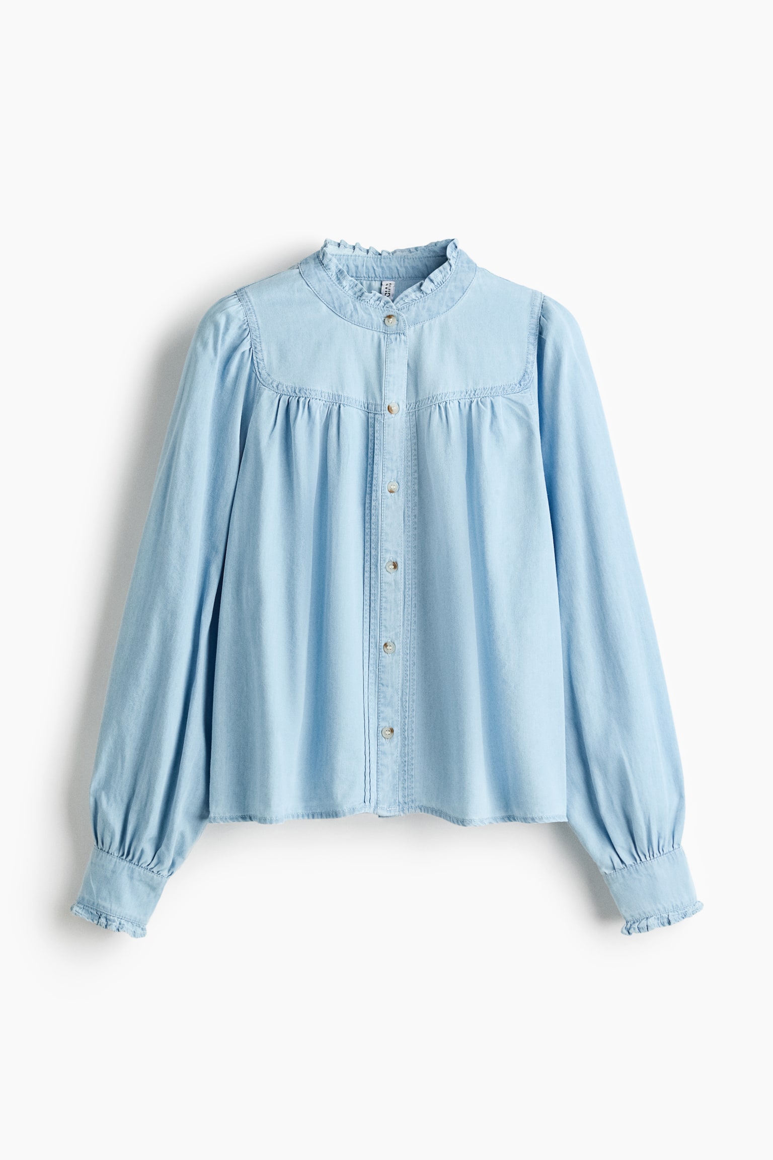 Frill-trimmed denim blouse - Light denim blue/Dark denim blue - 2