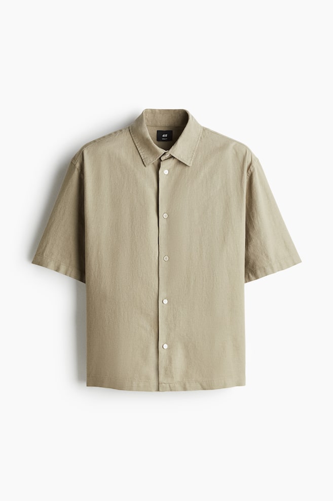 Loose Fit Short-sleeved linen-blend shirt - Green/Cream/Navy blue - 1