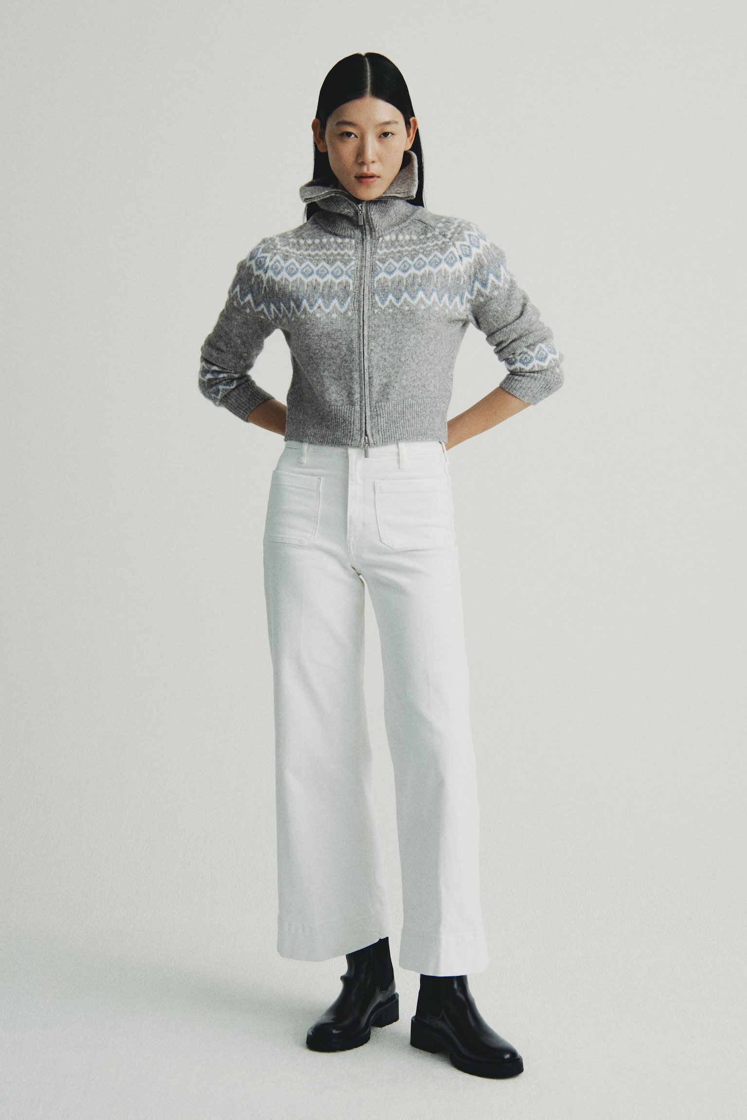 ジャカードニットカーディガン - グレーメランジ／パターン - 5