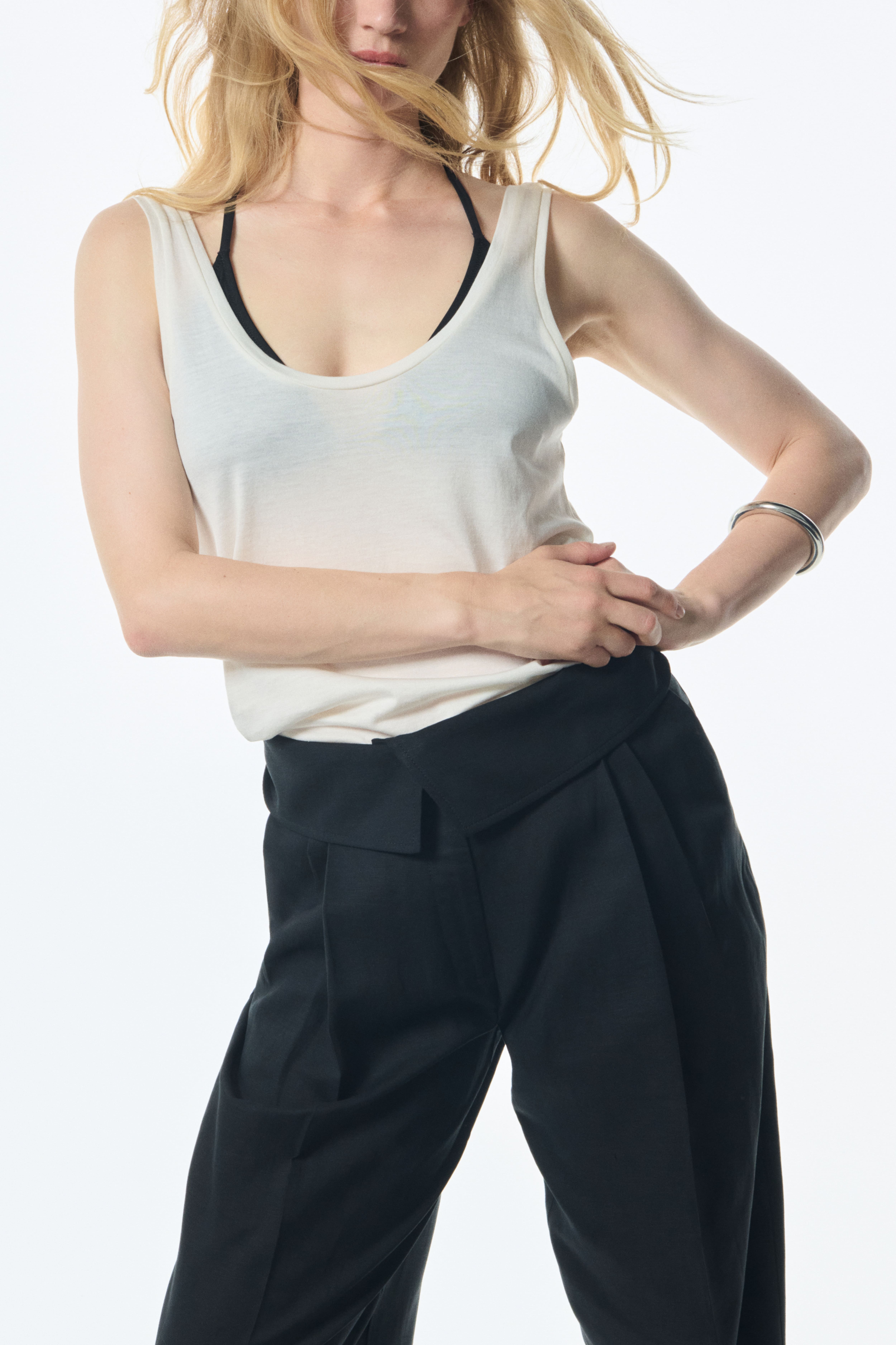 Foldover-Waist Linen-Blend Pants