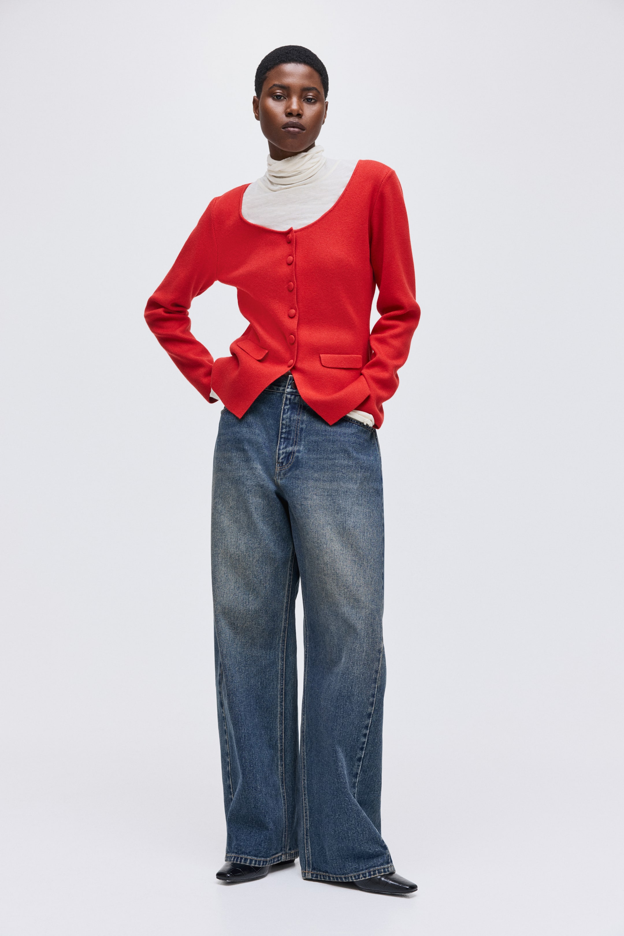 Visa större bild: Scoop-neck rib-knit cardigan - Röd - DAM | H&M FI 1