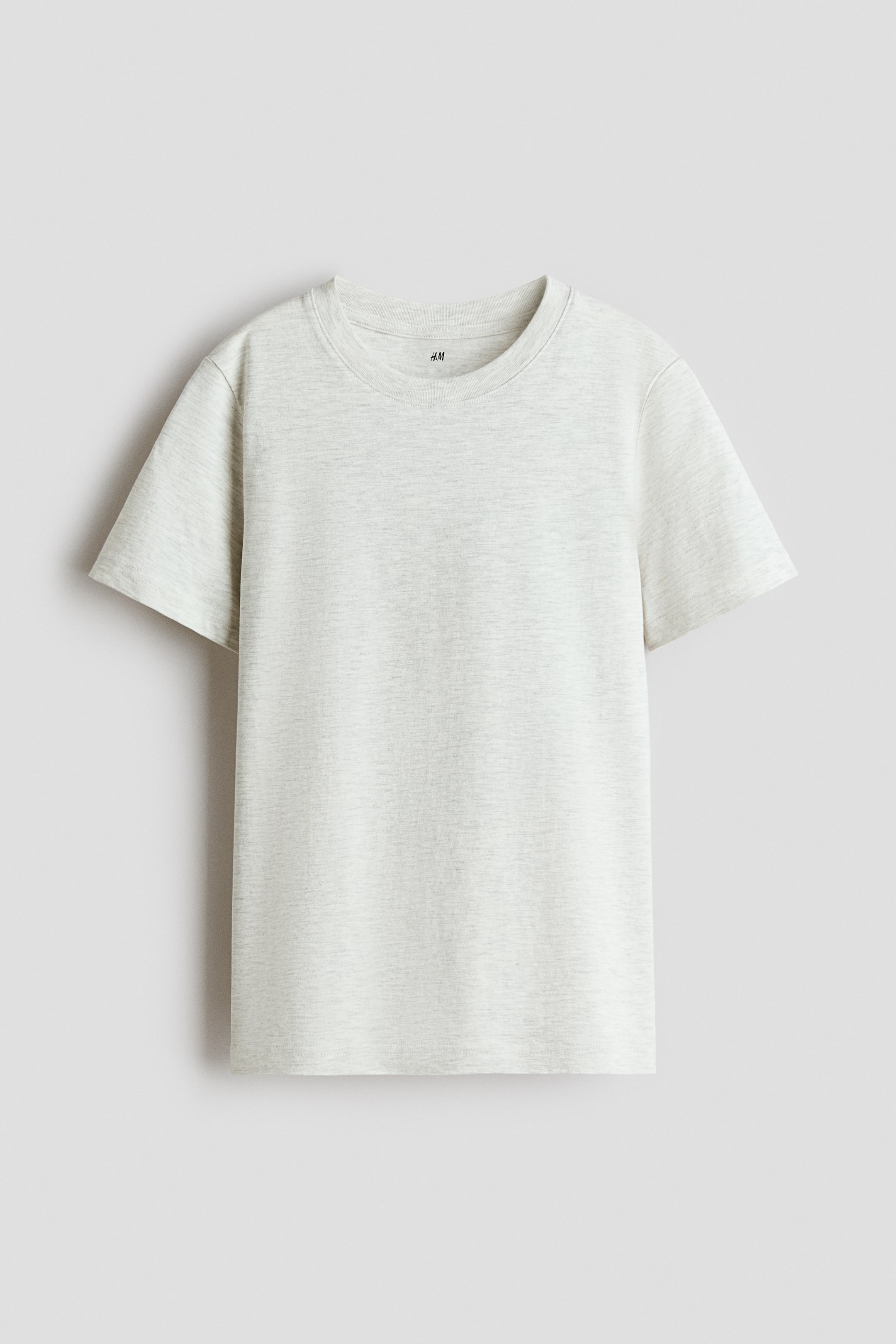 View larger image: Cotton jersey T-shirt. This light grey, heathered tee showcases its front with a ribbed crew neck and short sleeves.