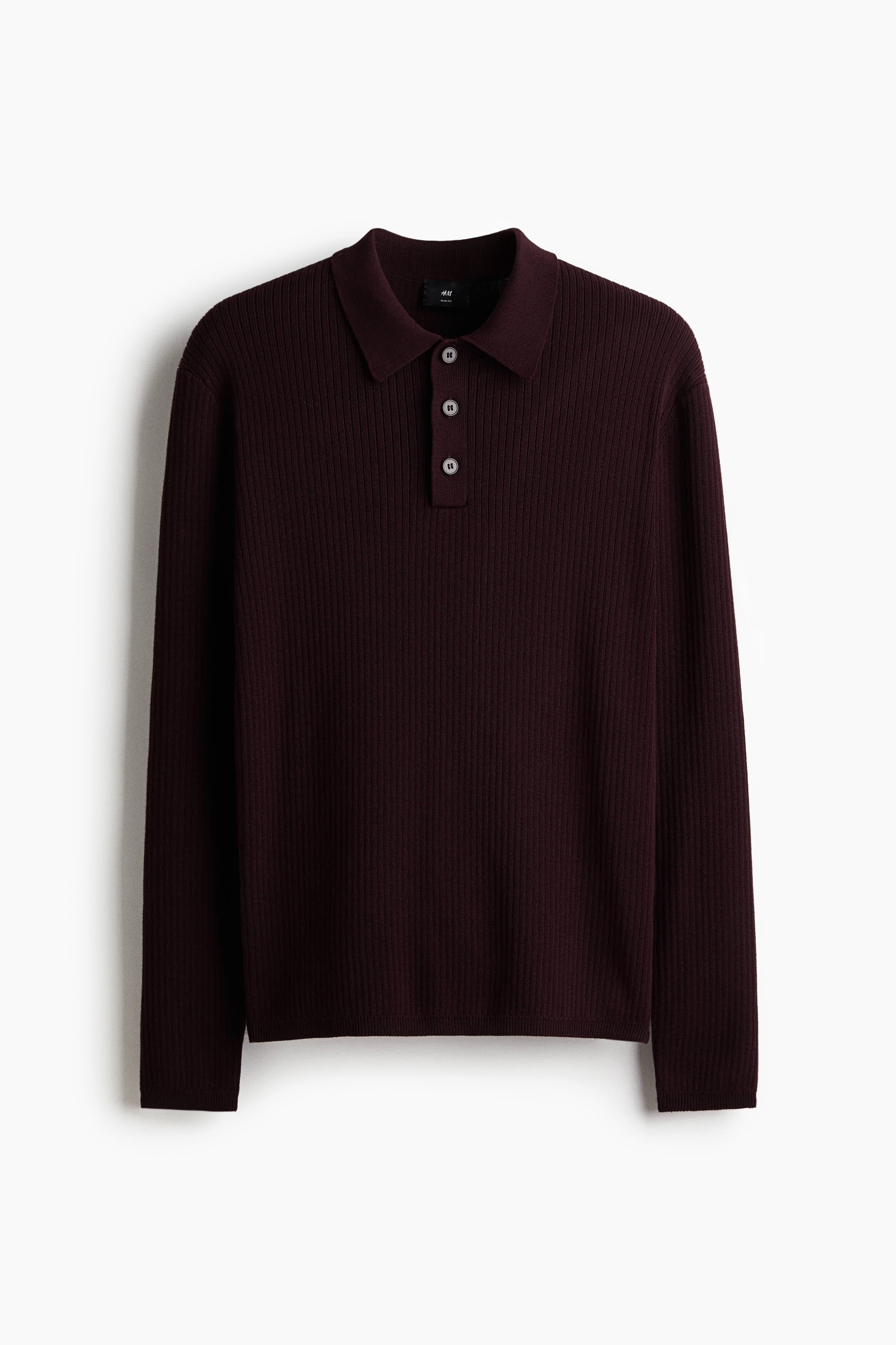 Slim Fit Rib Knit Polo Shirt - Dark burgundy/Dark brown/Light beige