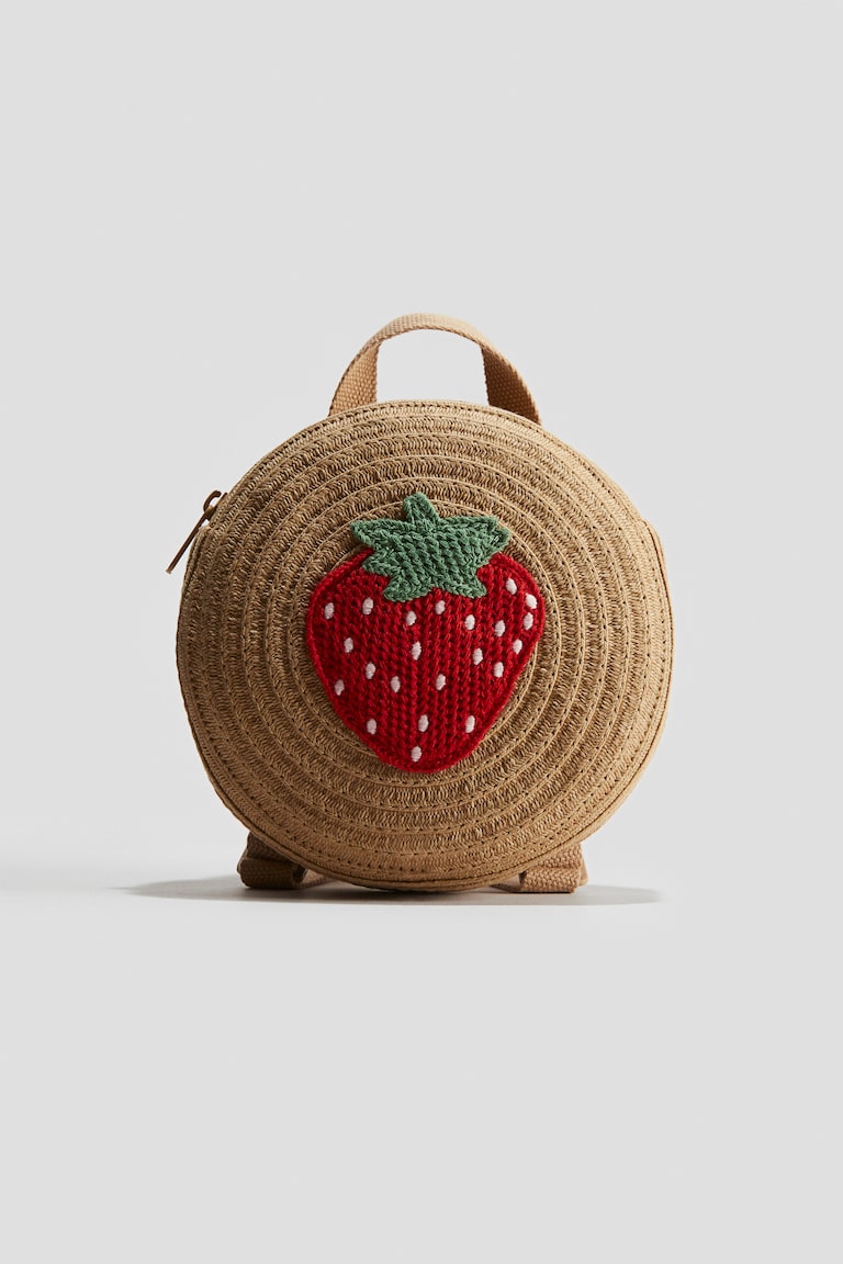 Round straw backpack Beige/Strawberry Kids H&M GB