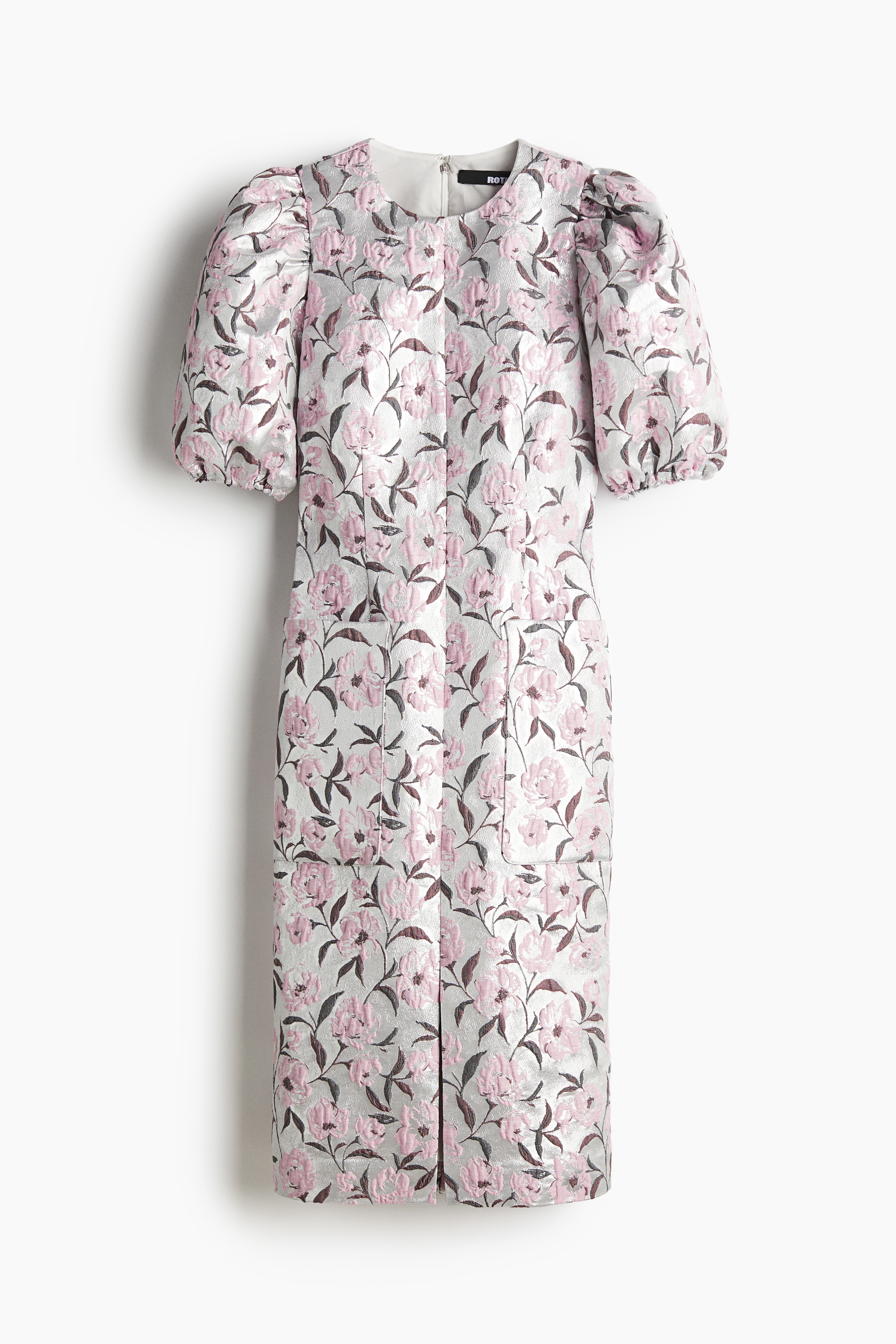 Dame - Sølvfarget/Blomstret Midikjole i brokade med puffermer - Size: 38  - H&M