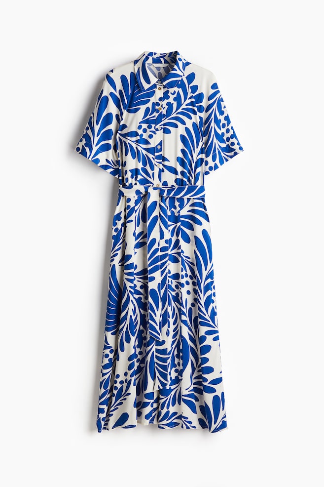 Tie-belt shirt dress - White/Blue patterned/Dark brown/Patterned - 1