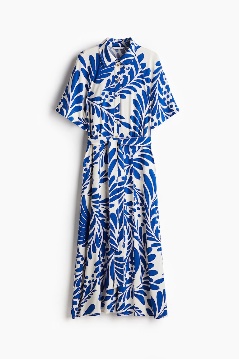 Women's White/blue patterned Tie-Belt Shirt Dress | H&M US
