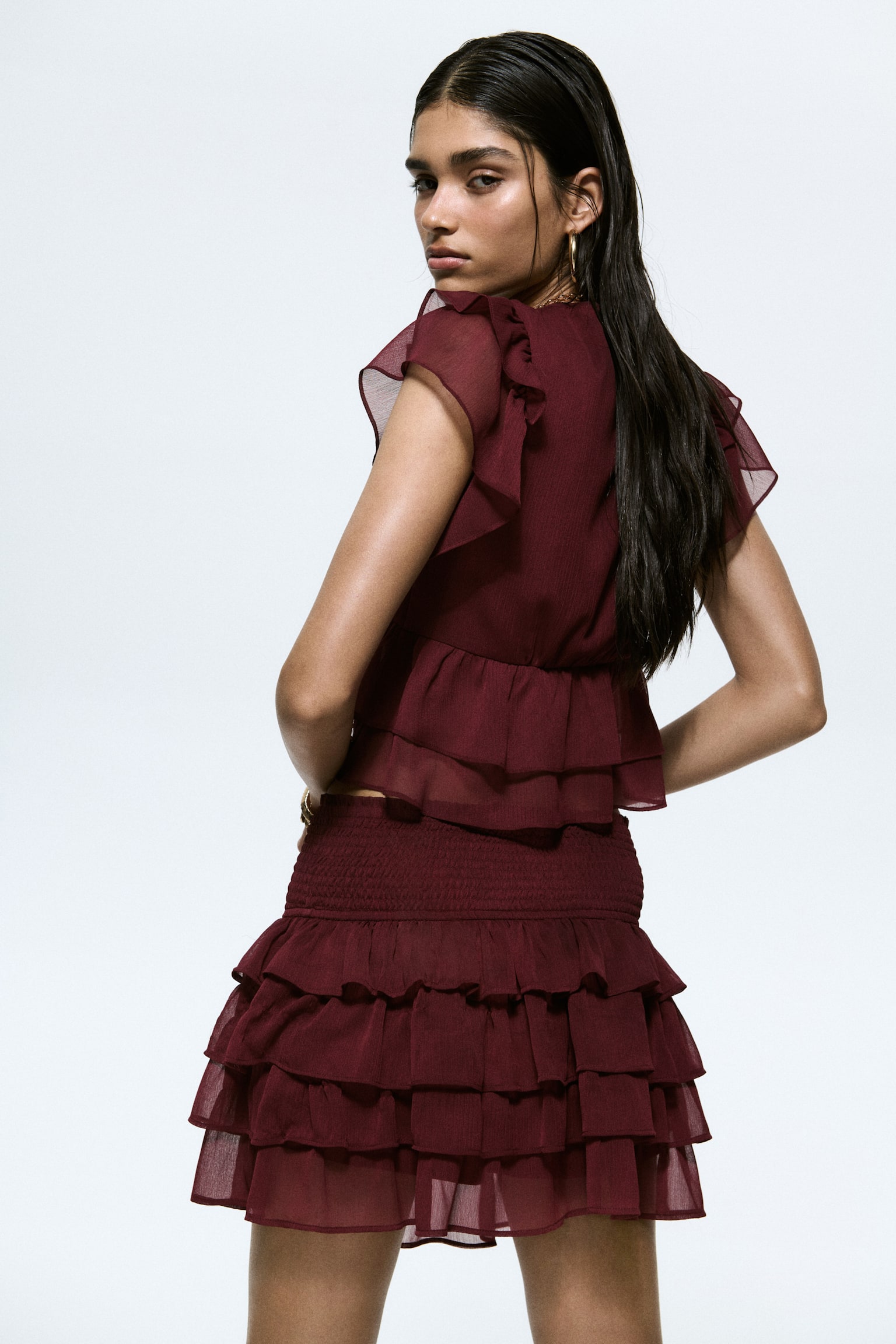 Frill-trimmed chiffon top - Burgundy/Cream/Paisley pattern/Yellow/Glittery - 6