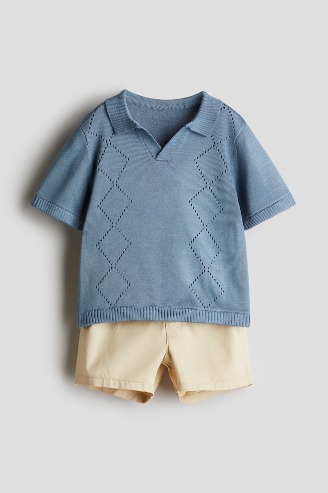 2-delat set med pikétröja och shorts - Dimblå/Ljusbeige - 1