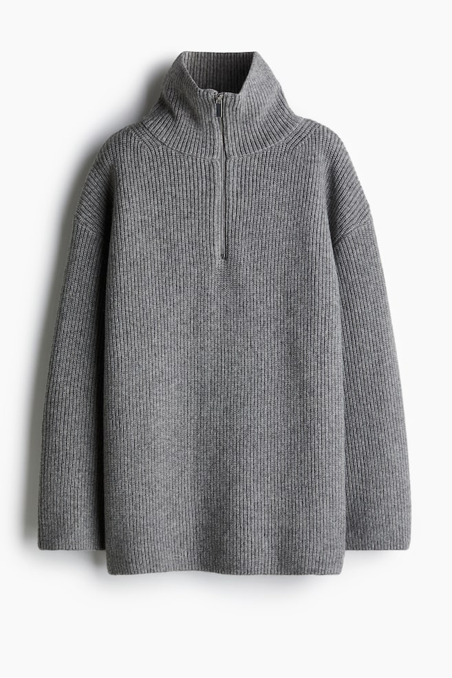 Pullover in maglia a costine con cerniera - Grigio mélange/Marrone scuro/Crema/Beige chiaro mélange/Nero/righe - 1