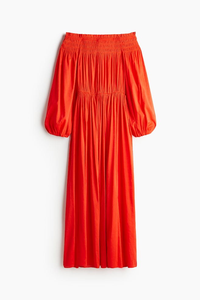 Off-the-shoulderjurk met smokwerk - Helderrood - 1