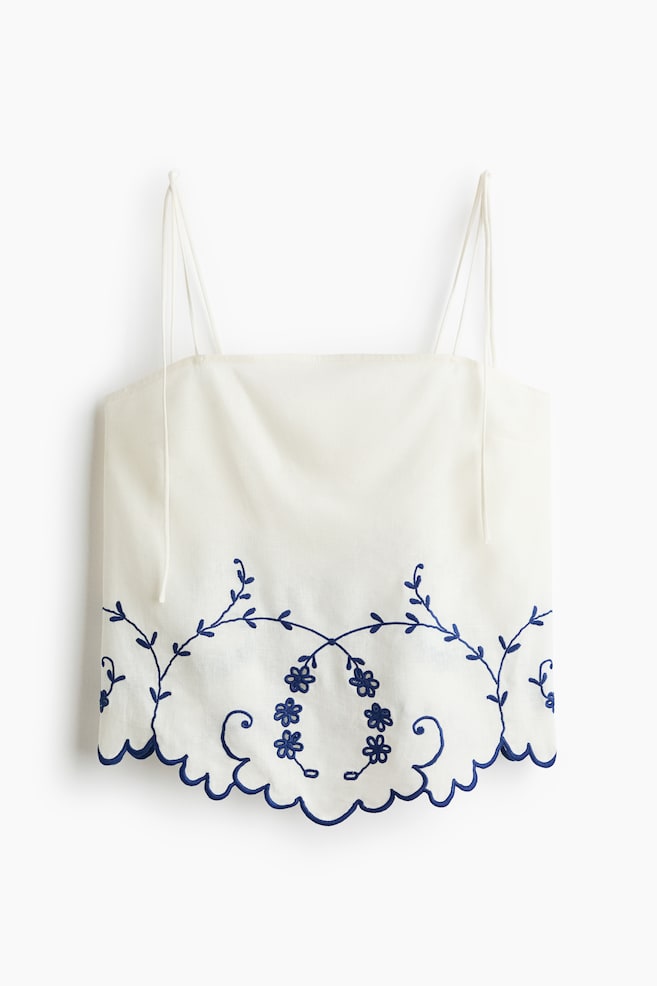 Top con diseño bordado en mezcla de lino - Blanco/Azul oscuro/Negro/Flores - 1