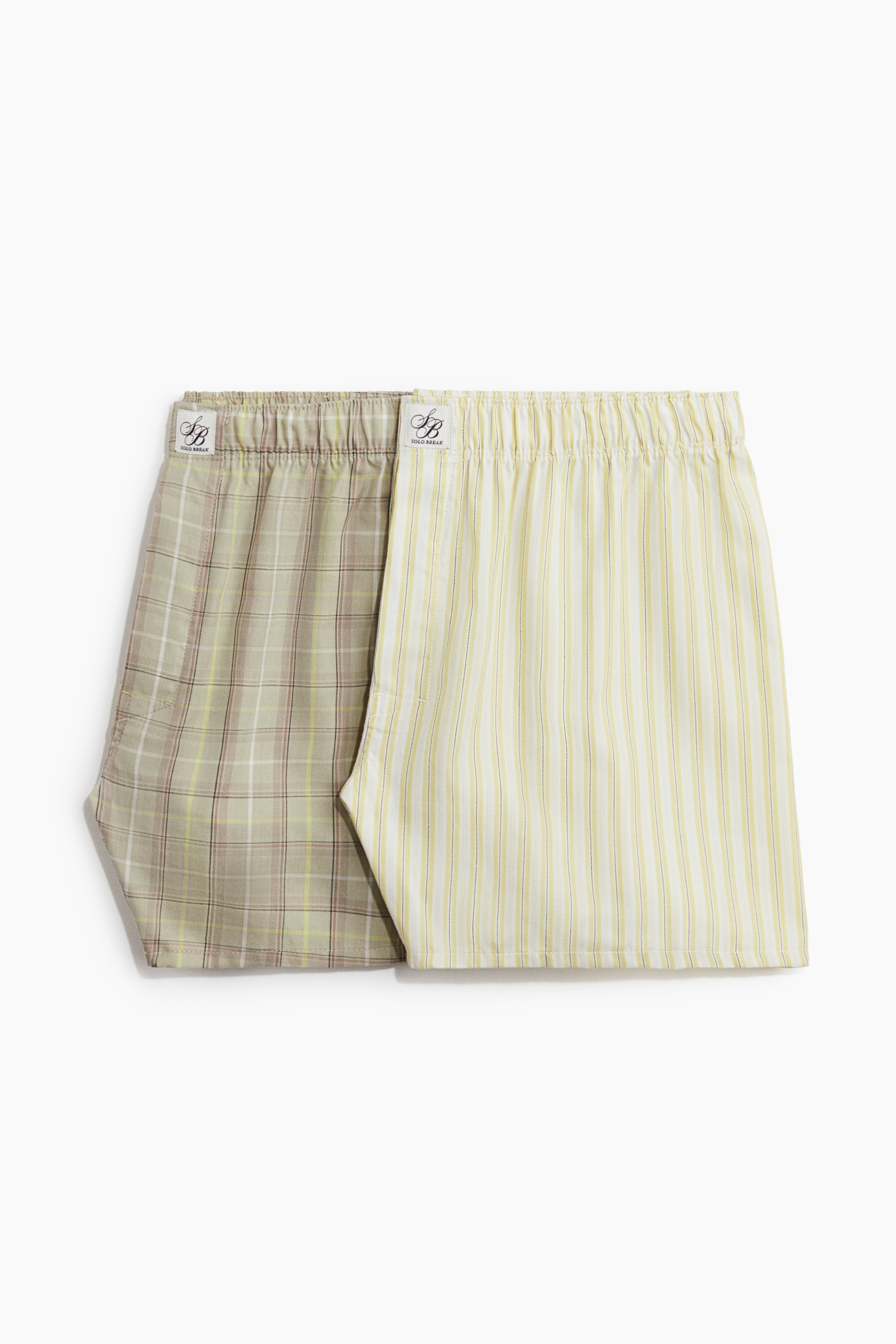 2-pack Bóxers shorts en tela tejida - Amarillo/Cuadros verdes/Café/Rayas azules
