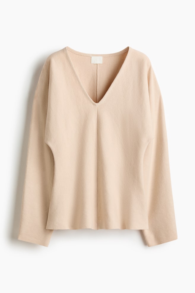 Knitted V-neck top - Light beige/Light beige/Dark grey/Bright red - 1