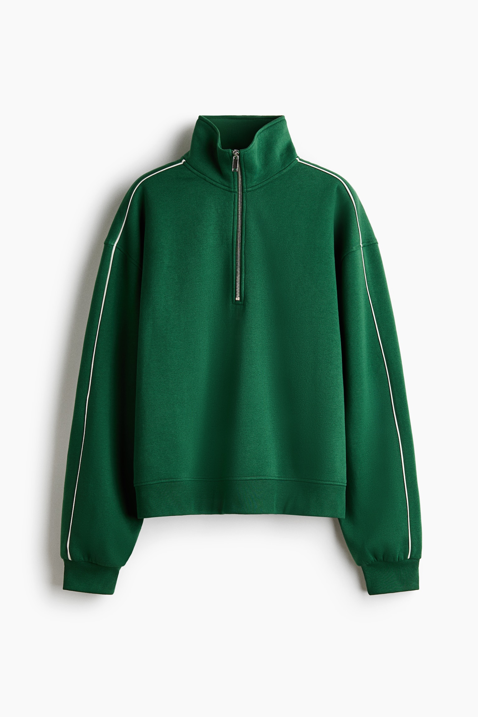 A green fleece sweatshirt is shown from the front, featuring a stand-up collar with a silver half-zip closure and dropped shoulders. Thin white piping runs along the shoulders and down the sleeves, which are finished with ribbed cuffs and a matching ribbed hem. - 1