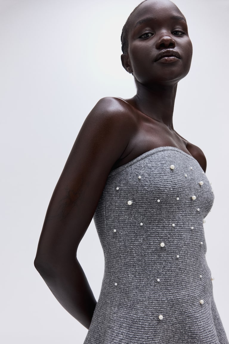 Top bandeau avec perles fantaisie Gris chiné FEMME H&M FR