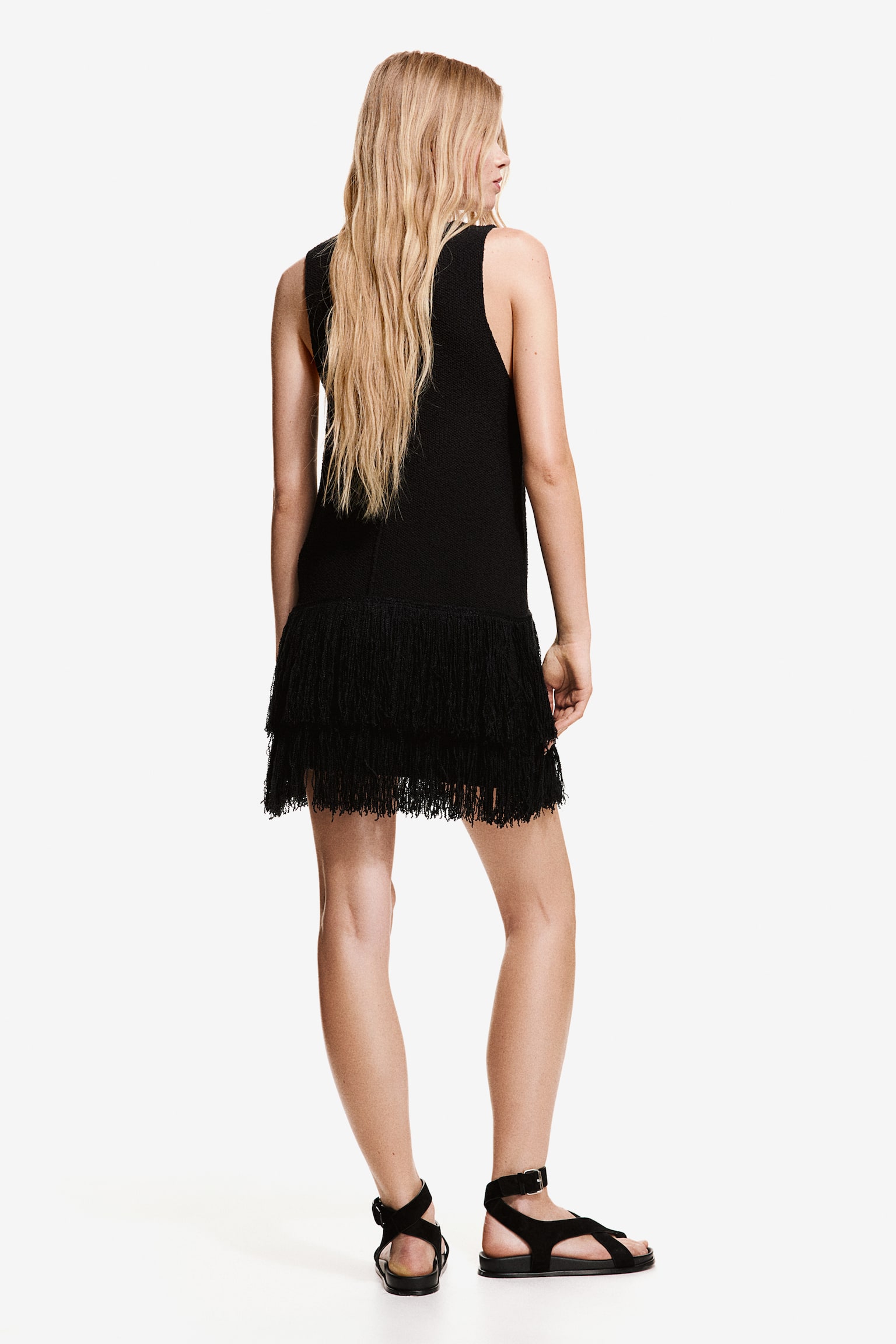 Fringe Trim Knit Dress - Black - 7