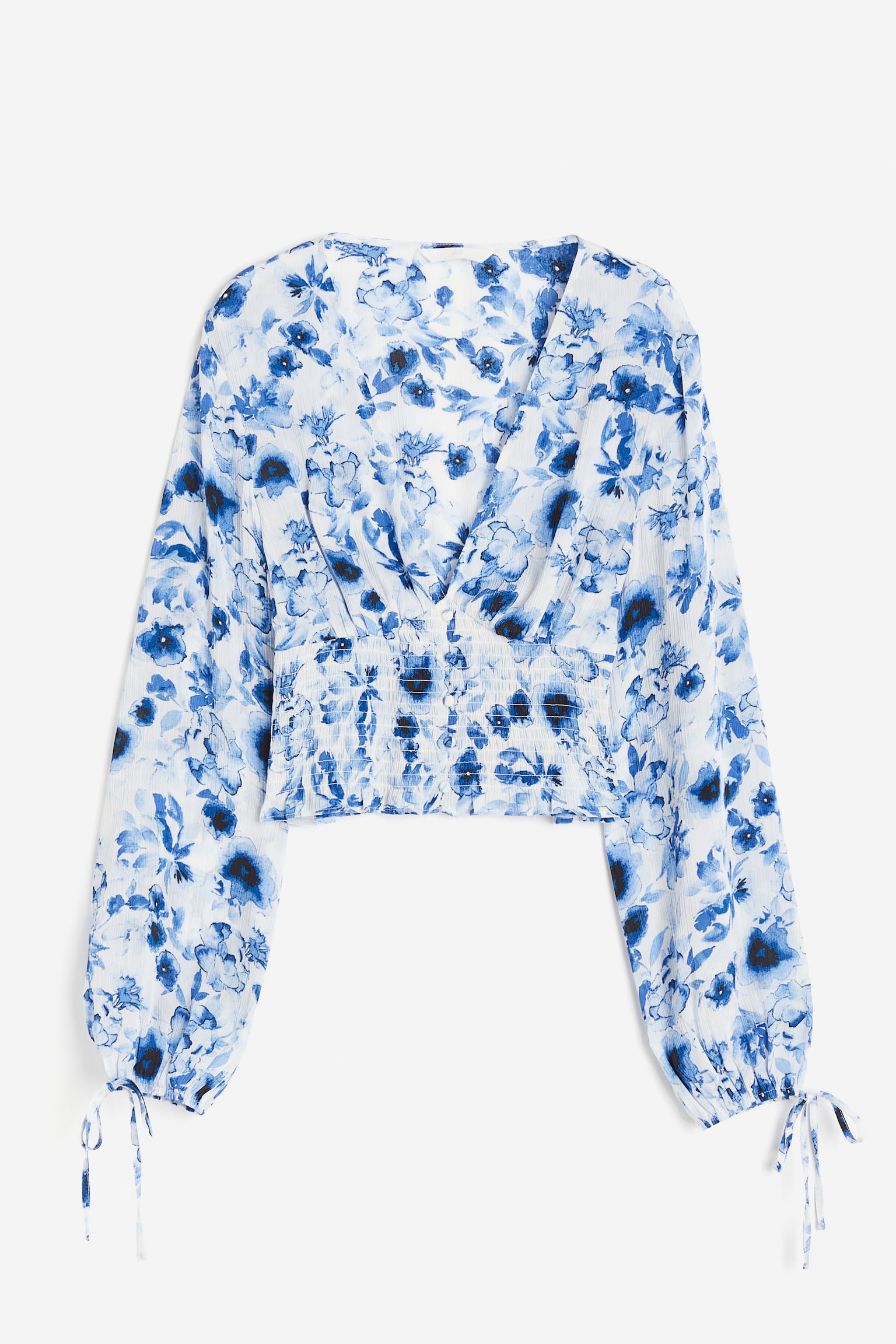 Cropped V-neck Blouse - White/Blue floral/Cream/Floral - 2