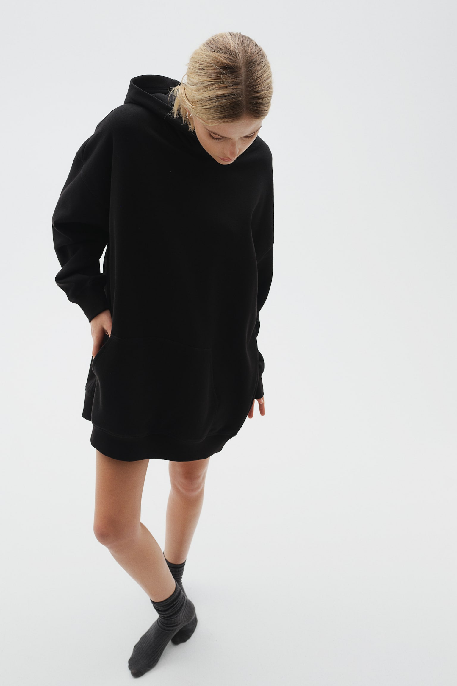 Hooded cotton dress - Black/Dark brown/Navy blue/Light grey marl - 1