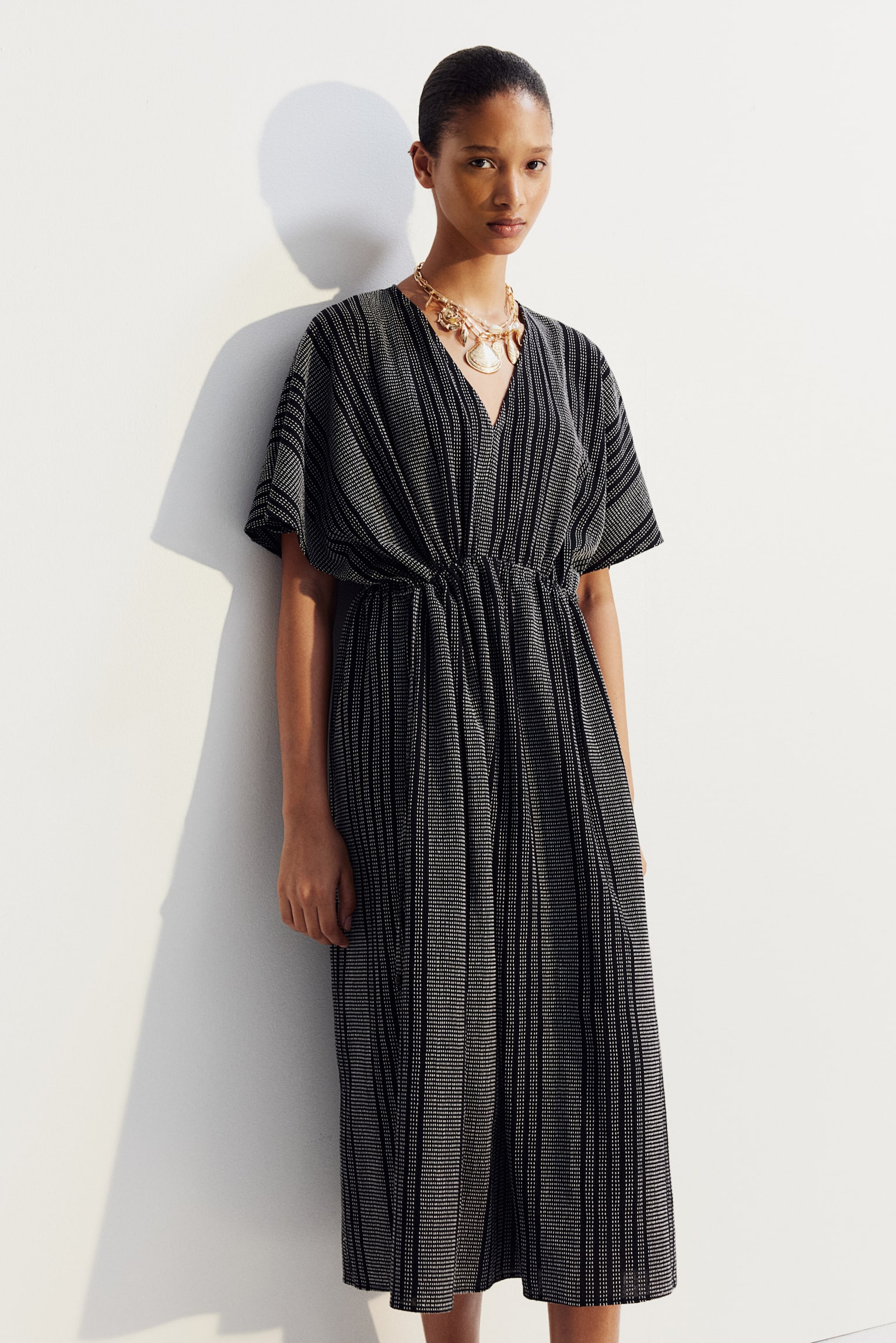 Drawstring-detail kaftan dress - Black/Striped/White/Blue striped - 4