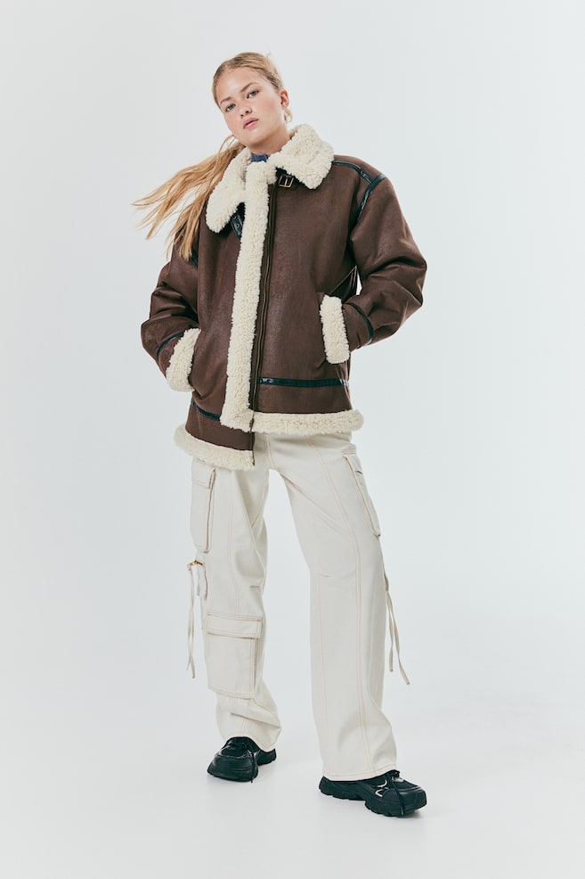 Oversized teddy-lined jacket - Brown - 6