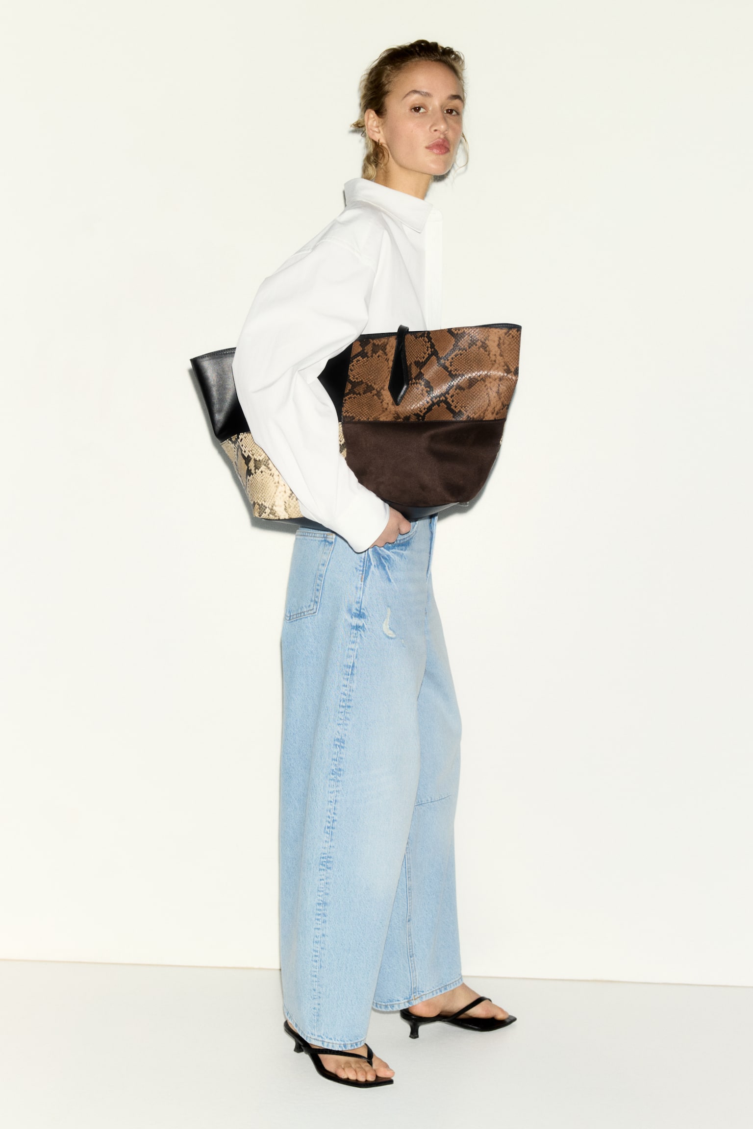 Barrel High Waist Ankle Jeans - Ανοιχτό μπλε denim/Μπεζ/λεοπάρ μοτίβο - 4