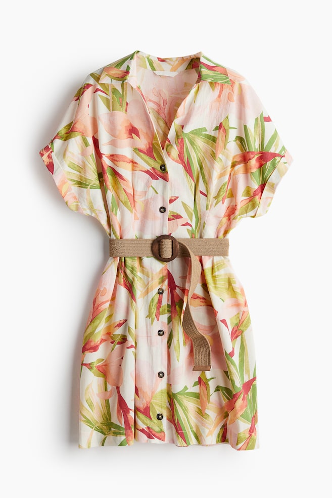 Vestido camisero con cinturón - Blanco/Floral - 1