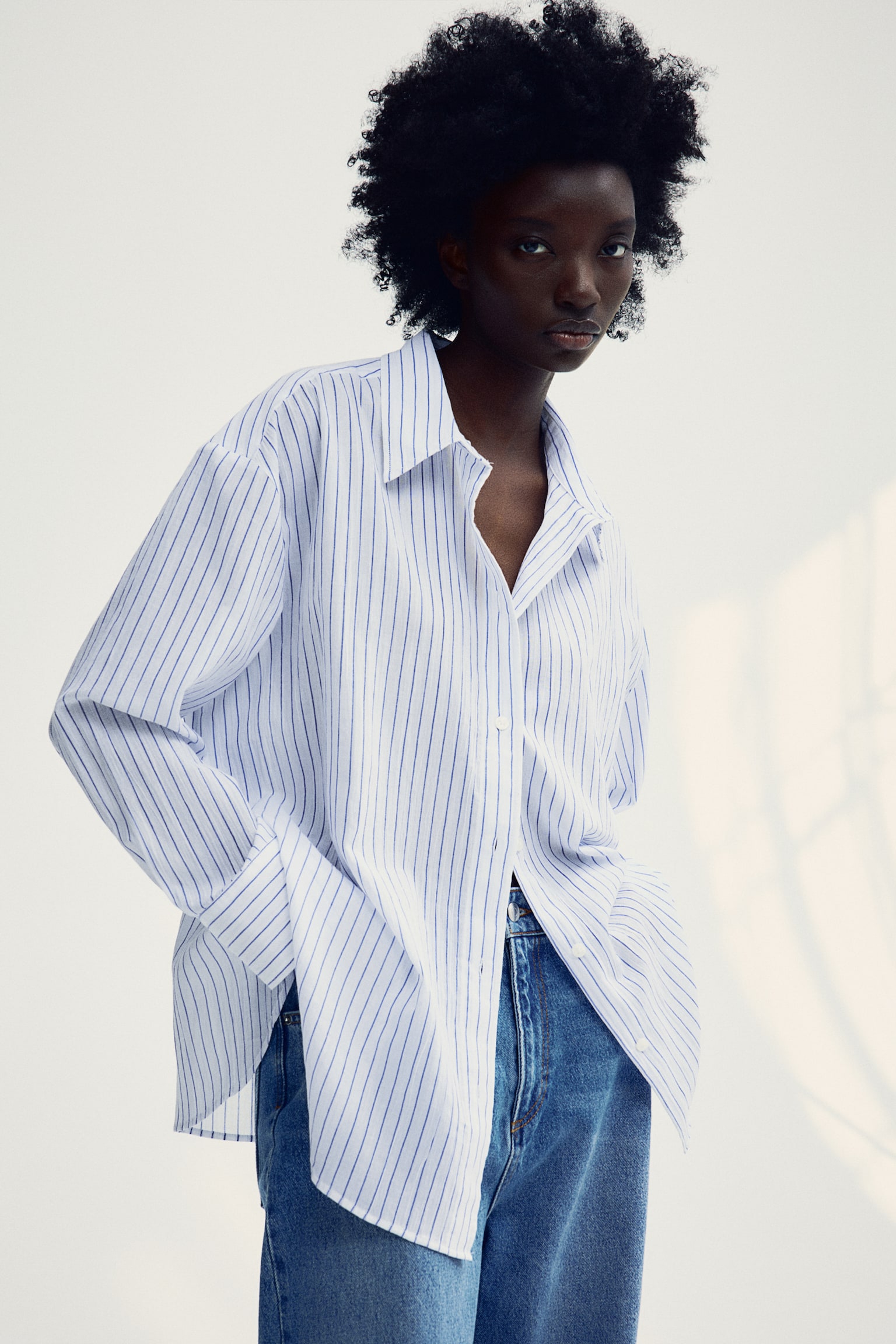 Crinkled Cotton Shirt - White/Blue stripe/White/Bright blue - 4