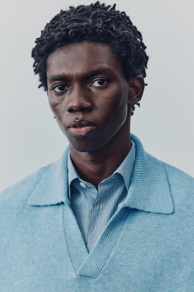 Wool-Blend Polo Sweater-Aqua blue - 4