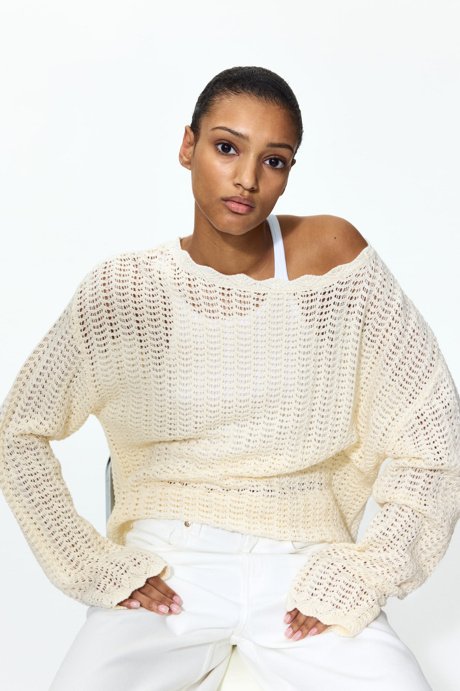 Pointelle-knit jumper - Light beige - 5