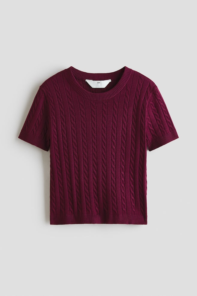 Short cable knit top - Dark plum red/Light blue - 1