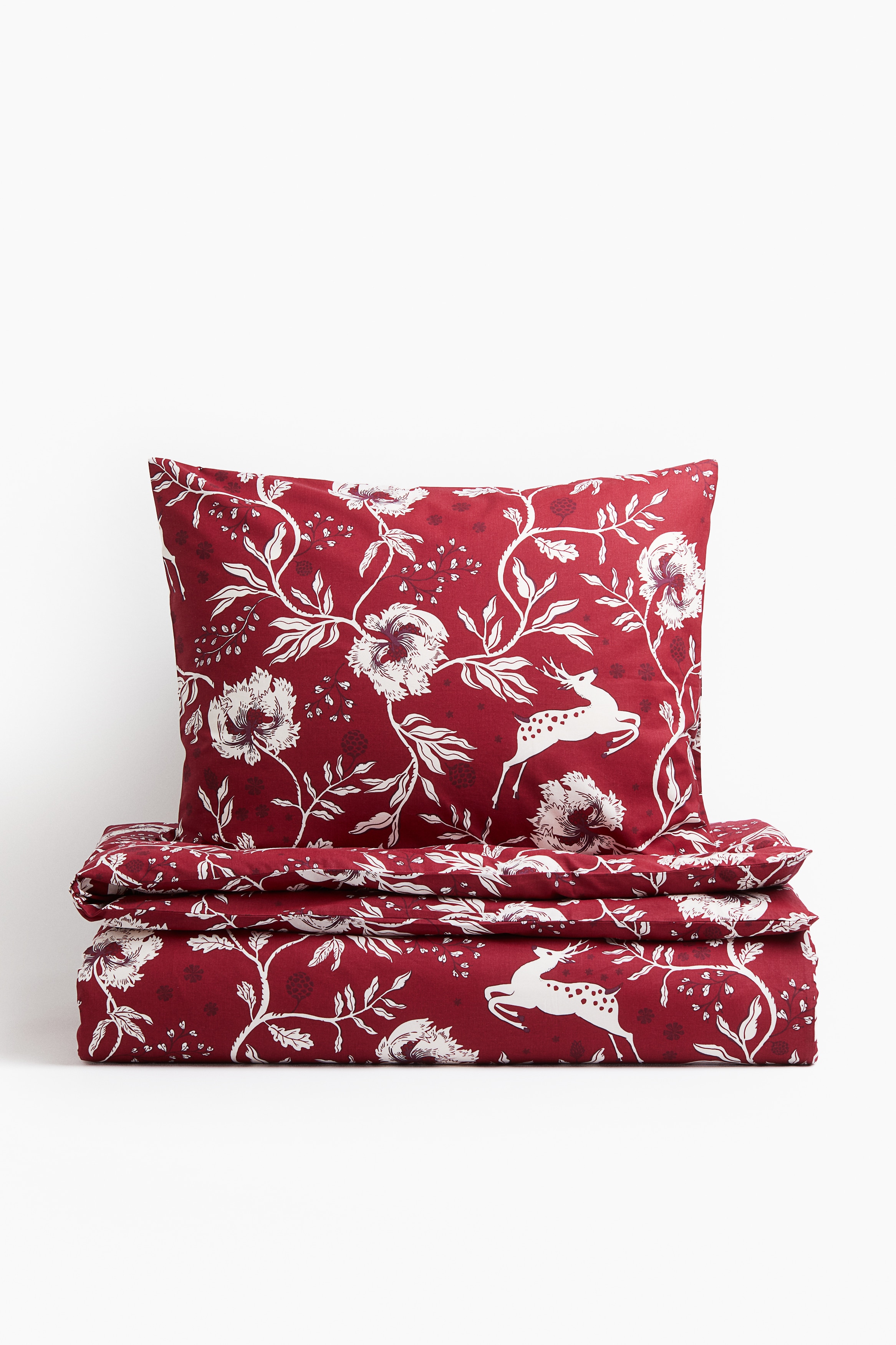 H&M Home  - Parure de couette lit simple en coton - Rouge/fleuri - size: 140x200 + 65x65