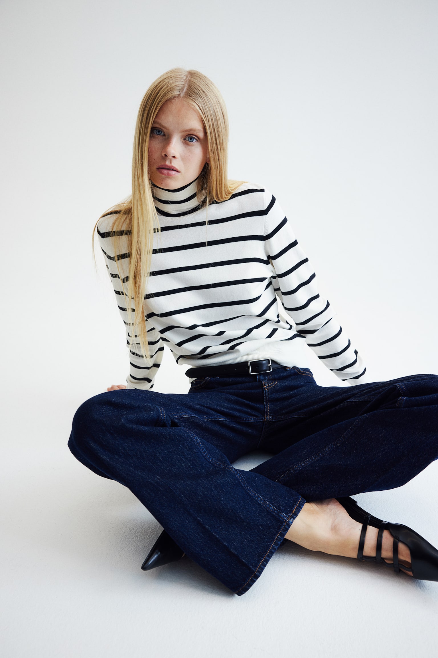 Polo-neck jumper - White/Striped/Navy blue/Grey marl/White/Black - 1