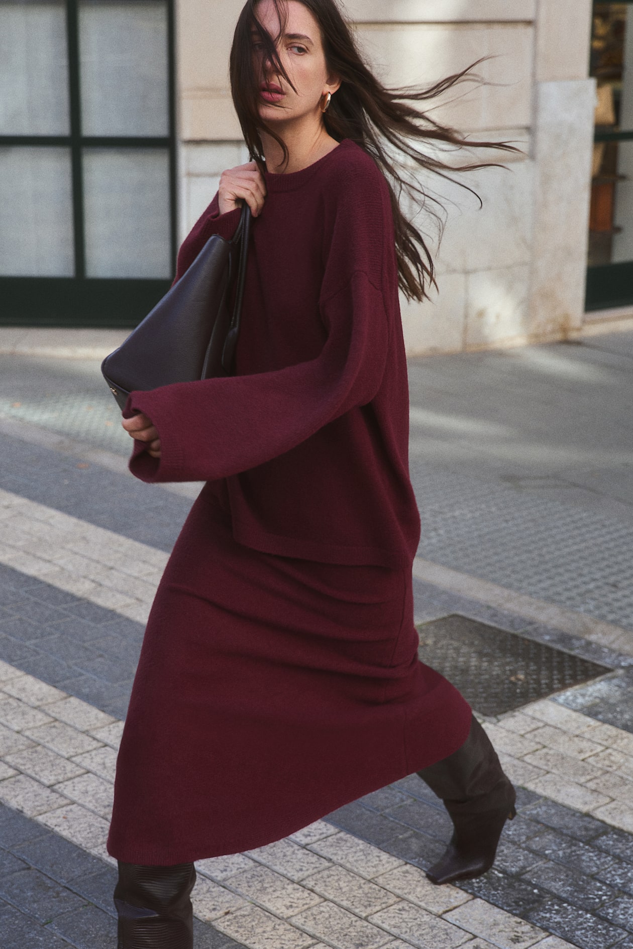 Flared knitted skirt Burgundy Ladies H&M GB