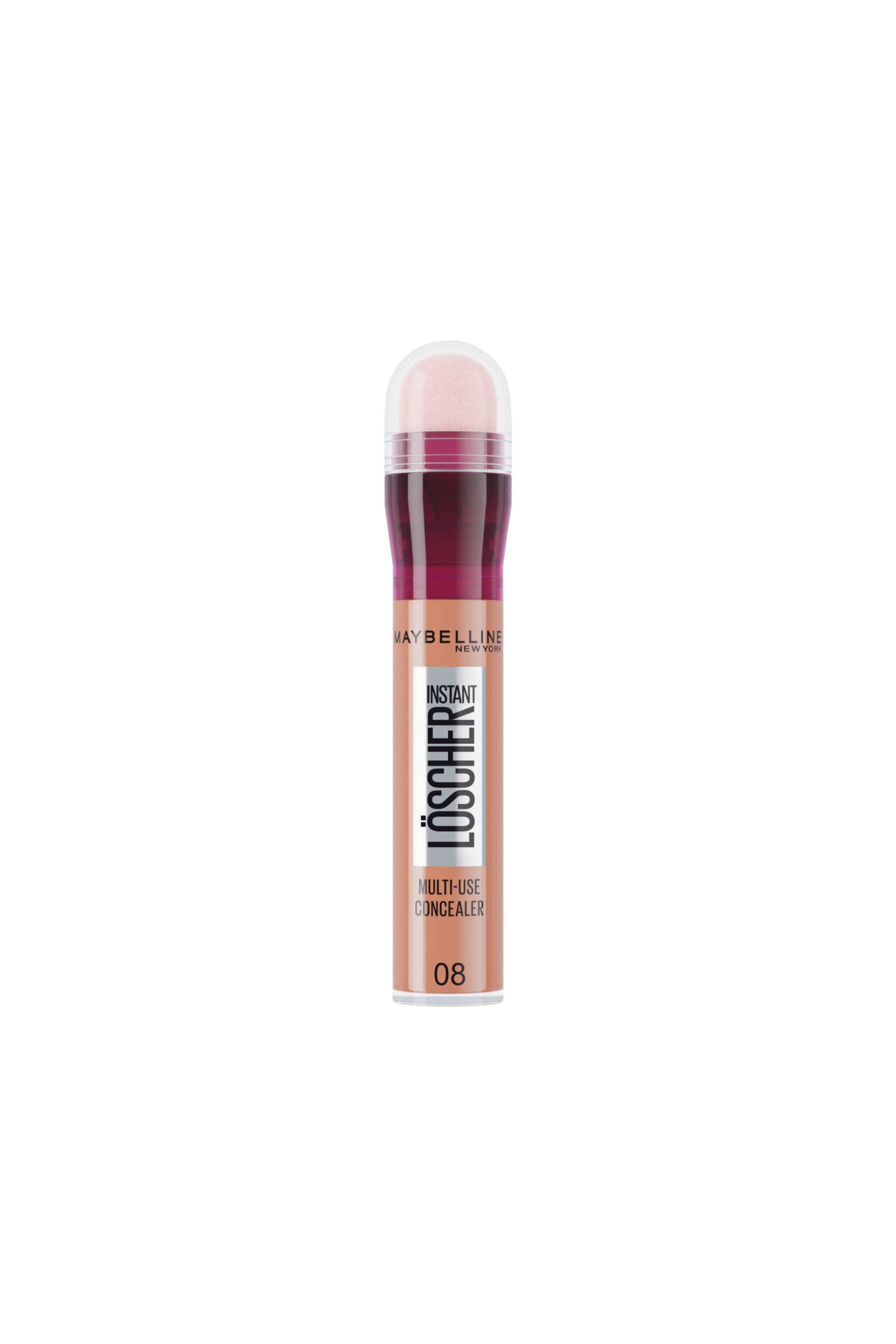 Größeres Bild ansehen: Der Maybelline Instant Löscher Multi-Use Concealer in der Nuance 08 steht aufrecht und zeigt seine zylindrische Tube, die mit einer beige getönten Flüssigkeit gefüllt ist. Das Produkt verfügt über einen bordeauxfarbenen Kragen unter einem abgerundeten Schwamm-Applikator, der von einer transparenten, kuppelförmigen Kappe geschützt wird.