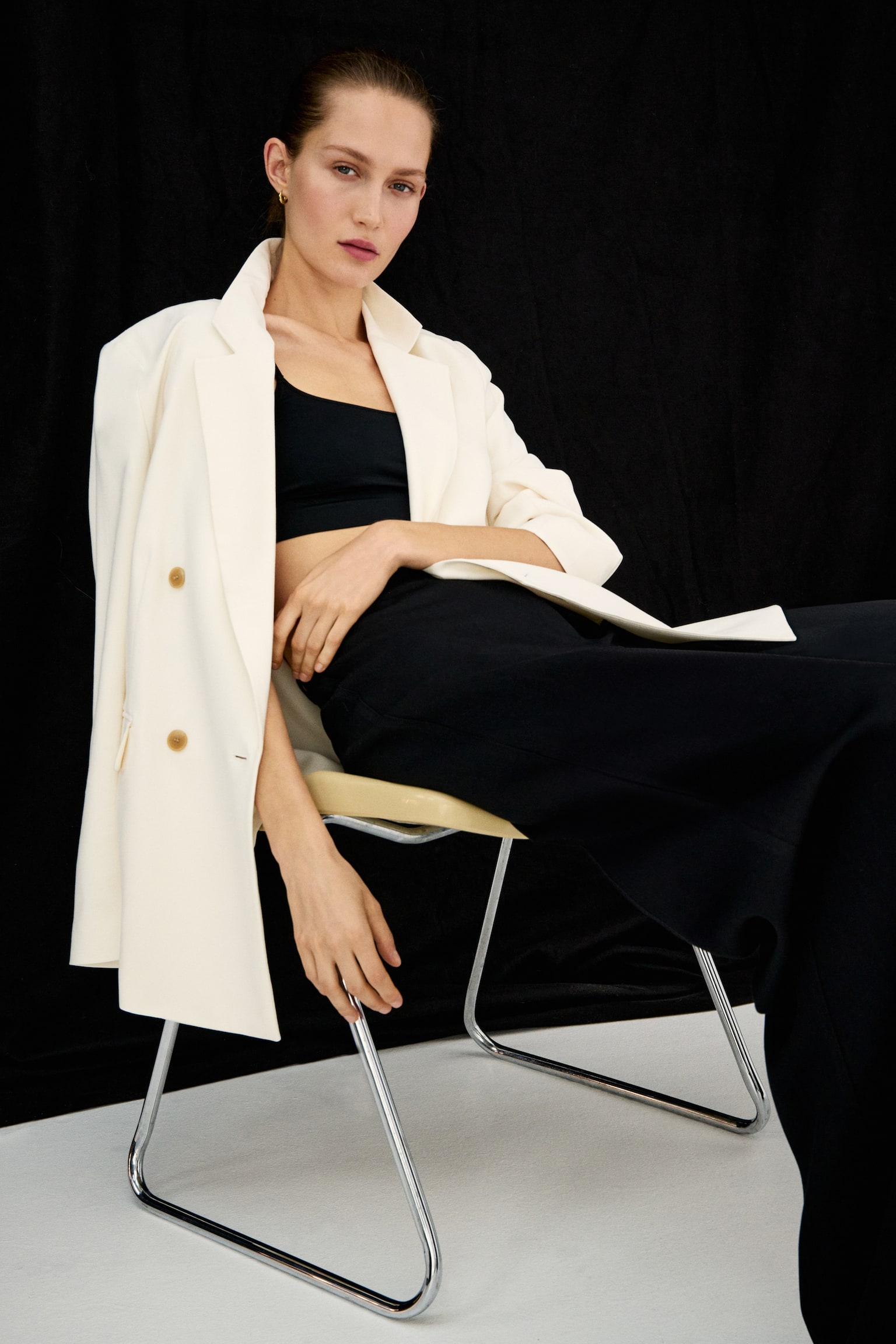 בלייזר עם כפתרה כפולה - קרם/חום/ורוד בהיר - 1