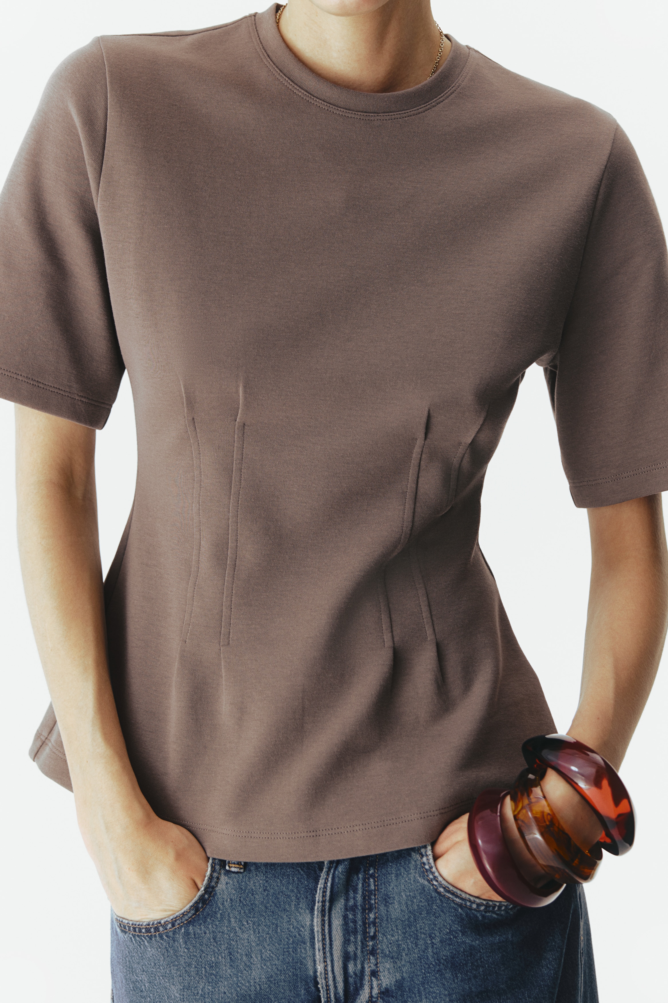 Women's Dark taupe Tapered-Waist Interlock T-Shirt | H&M US