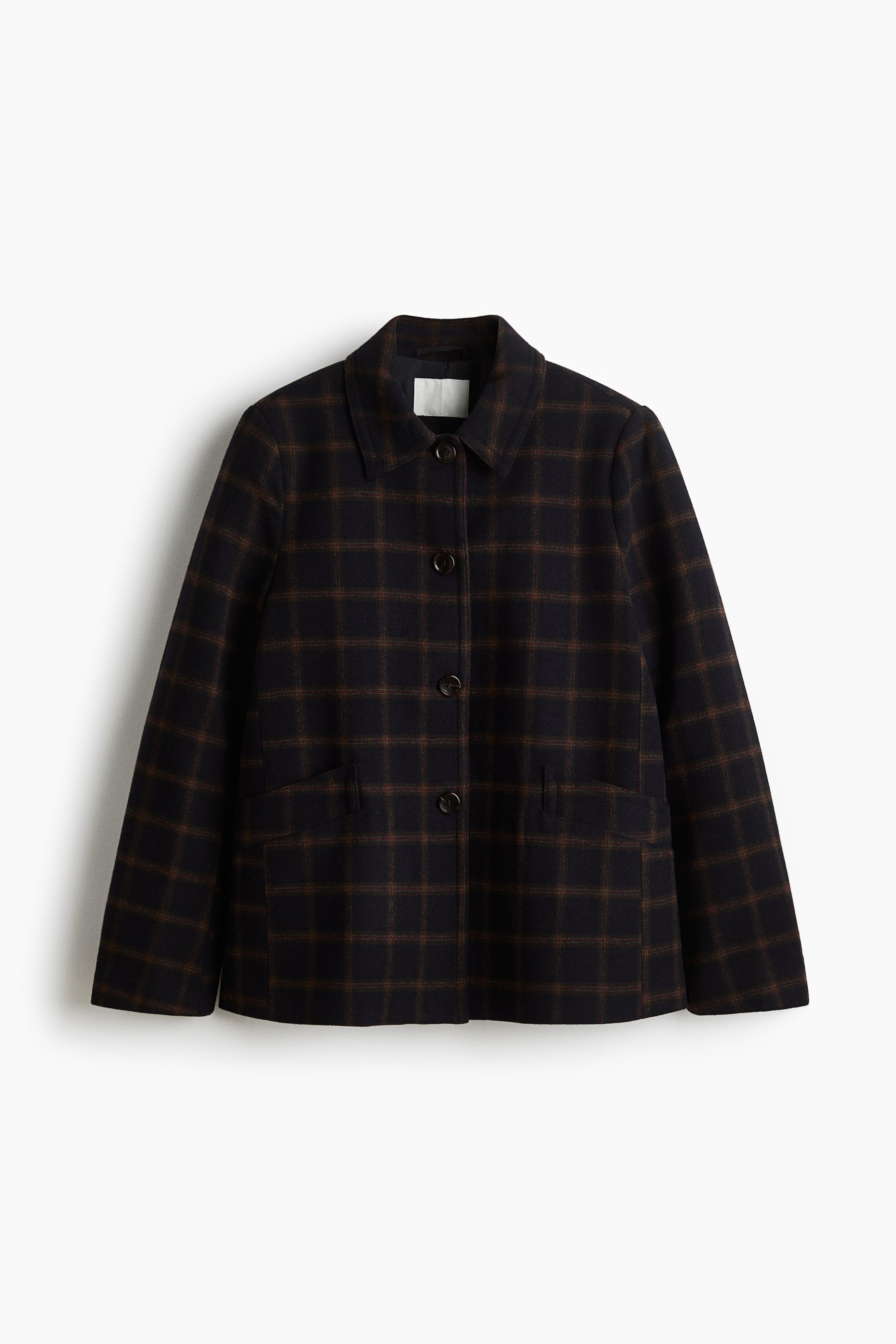 View larger image: A dark blue and brown plaid jacket is presented from the front, featuring a button-front closure with four dark round buttons, a pointed collar, and two flap patch pockets at the lower front.