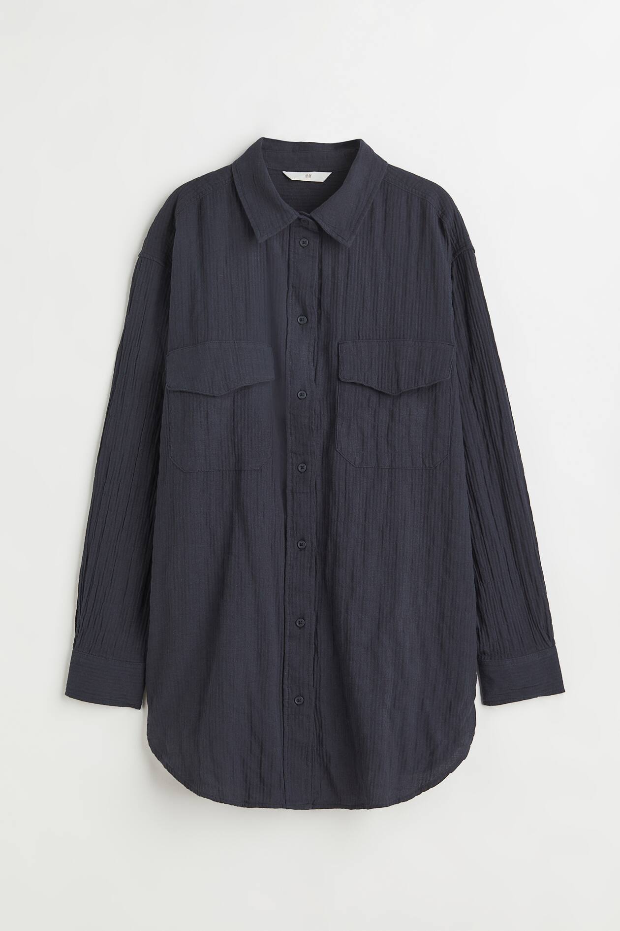 Crinkled Cotton Shirt - Long sleeve - Regular length - Gray-black  