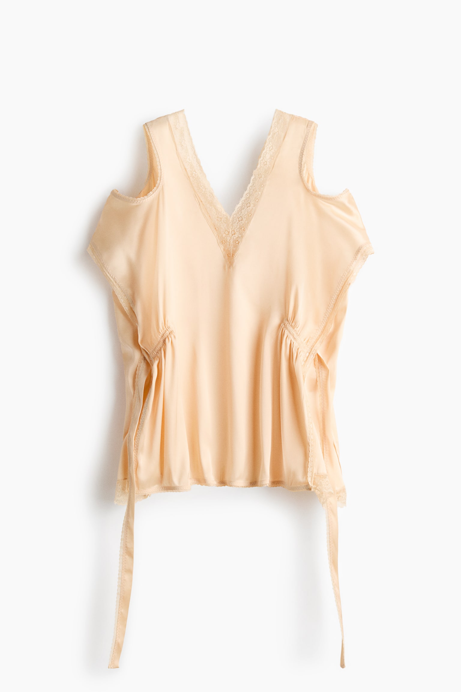 Lace-trimmed satin top - Light beige - 1