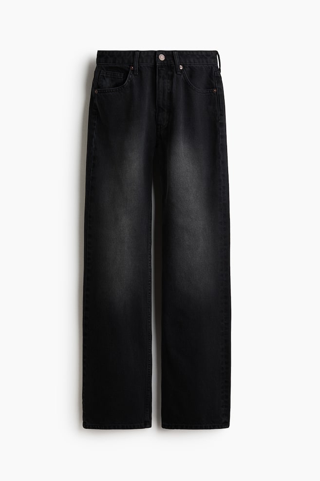 A pair of high-waisted, five-pocket jeans in faded black denim, shown from the front. The jeans feature a zip fly with a top button fastening and straight-cut legs with a subtle faded wash running down the thighs. - 1