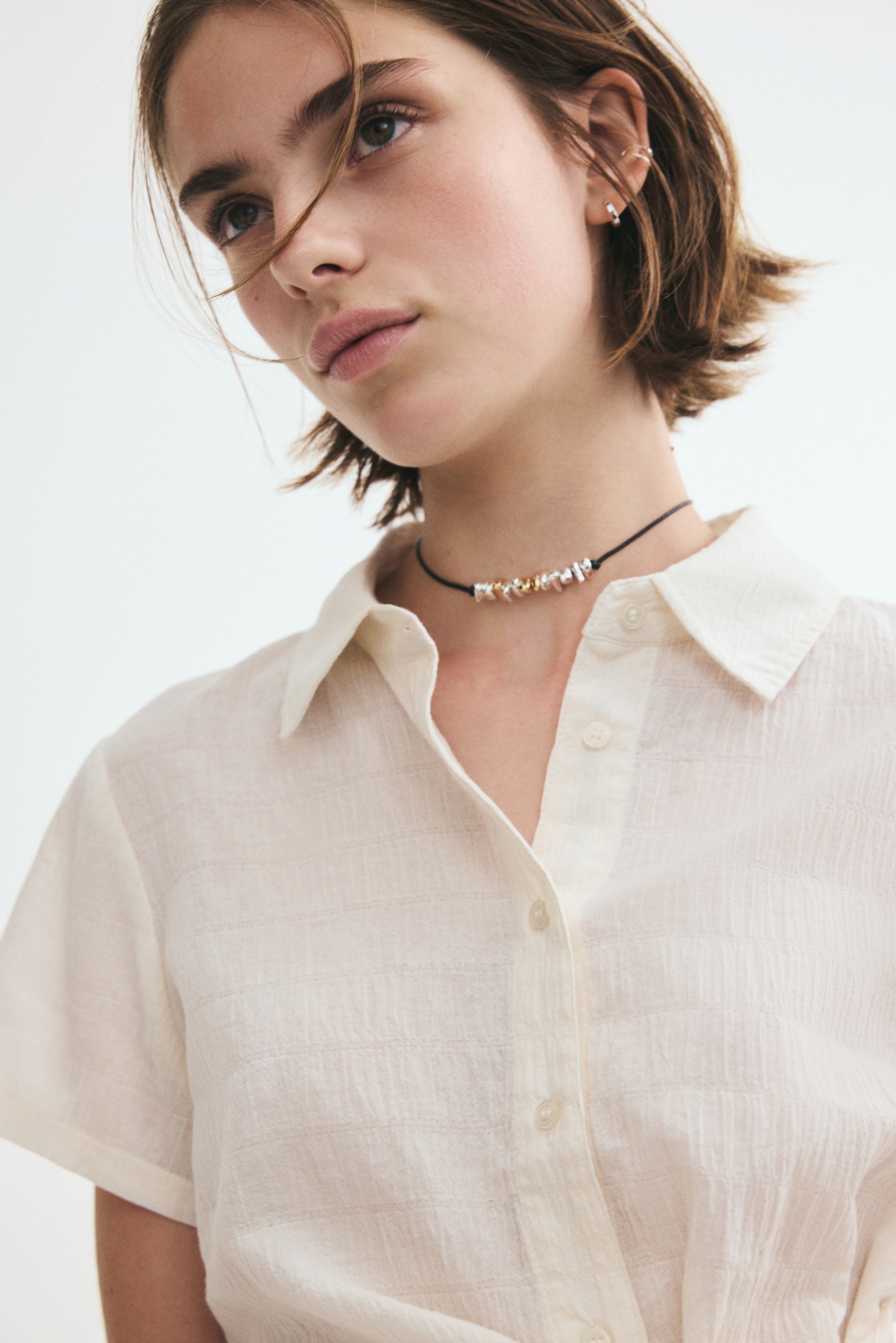 Smocked Tie-Detail Shirt
