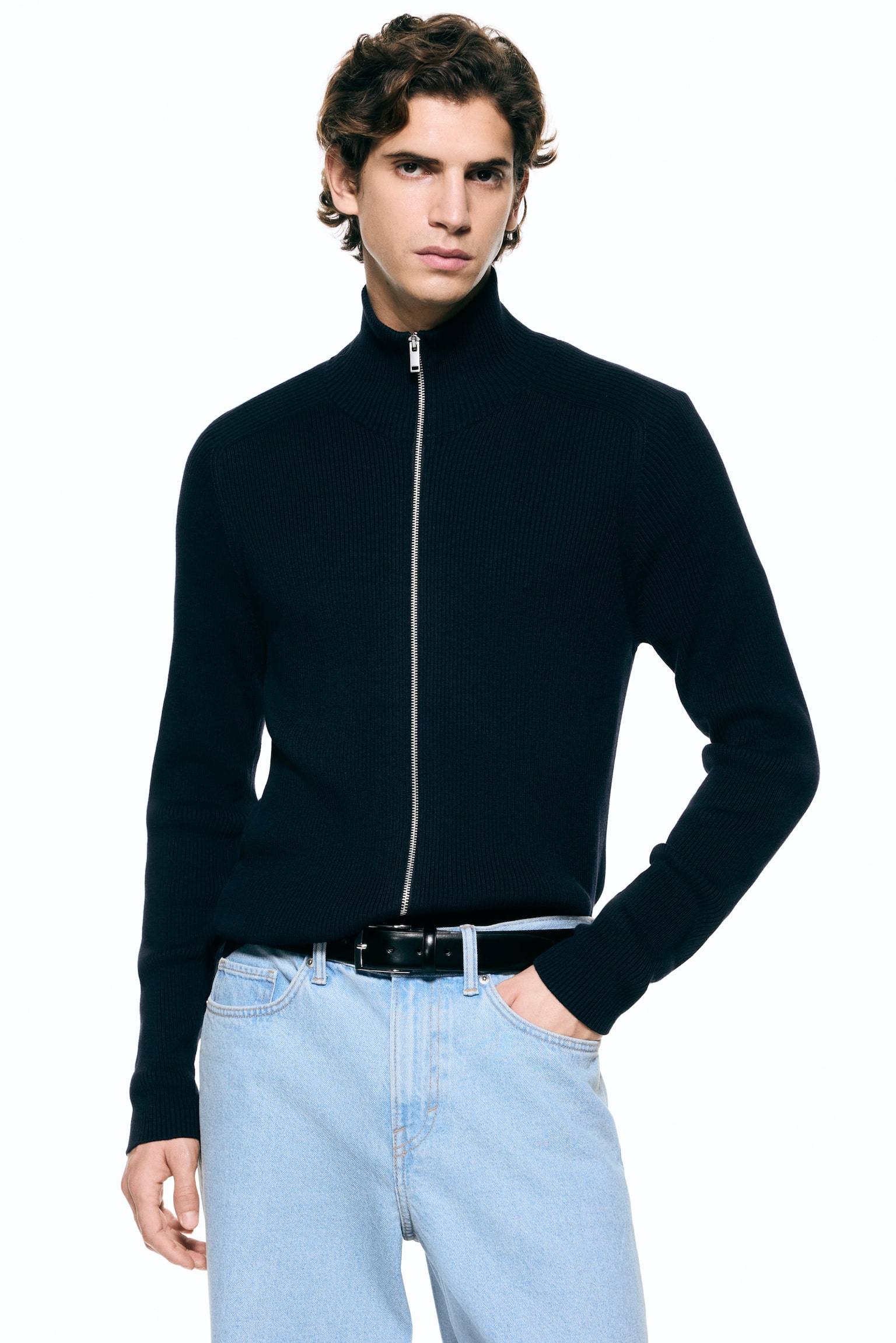 Slim Fit Rib-knit cardigan - Navy blue/White - 4