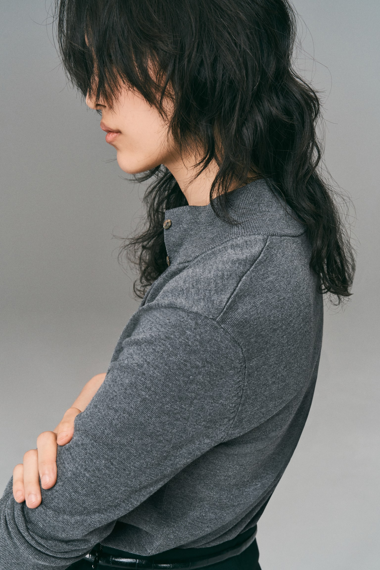 비스코스 블렌드 터틀넥 가디건 - 그레이 멜란지/라이트 블루 - 7