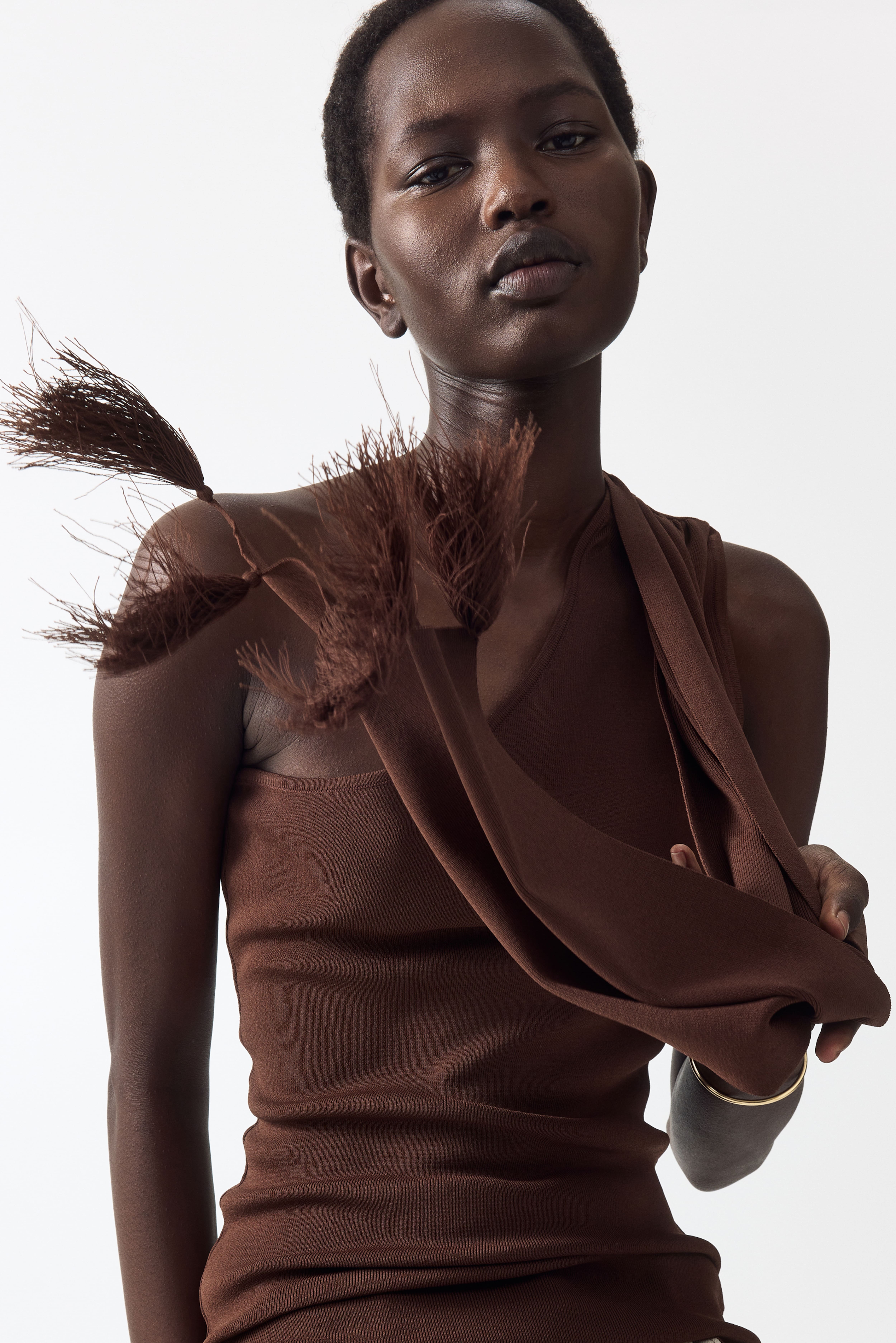 One-Shoulder Scarf-Detail Knit Top