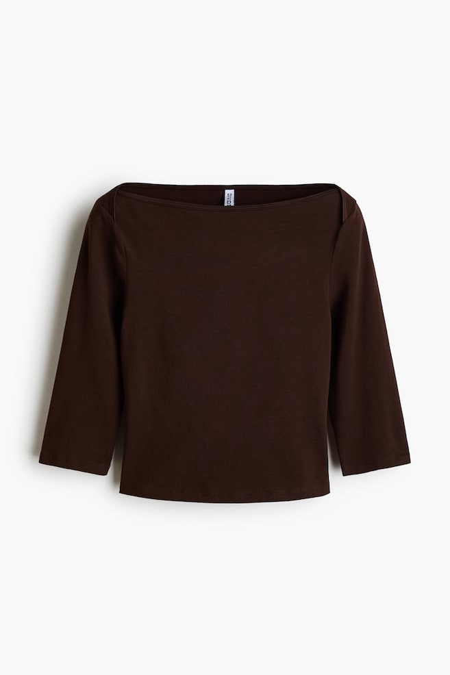 Boat-Neck Cotton Top - Dark brown/Cream/Dark dusty blue - 1